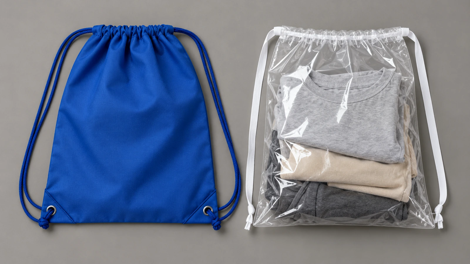 A blue polyester cinch backpack with shoulder cords beside a clear PE film drawstring bag with a draw tape, laid flat on a neutral surface