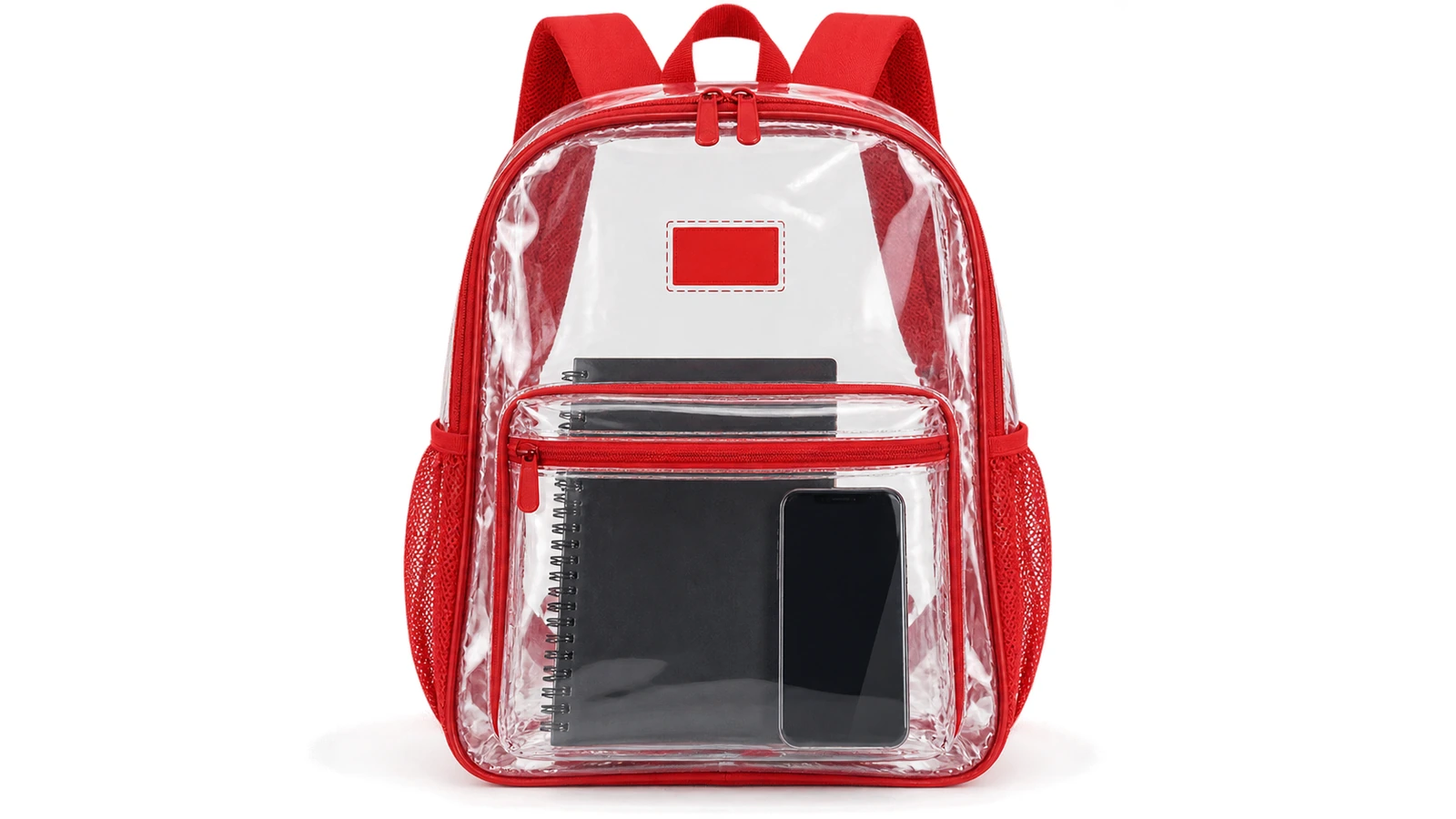 Front view of a clear PVC backpack with a small solid-colored rectangle marking a single logo zone on one side, and colored straps and binding carrying the brand color while the body stays transparent