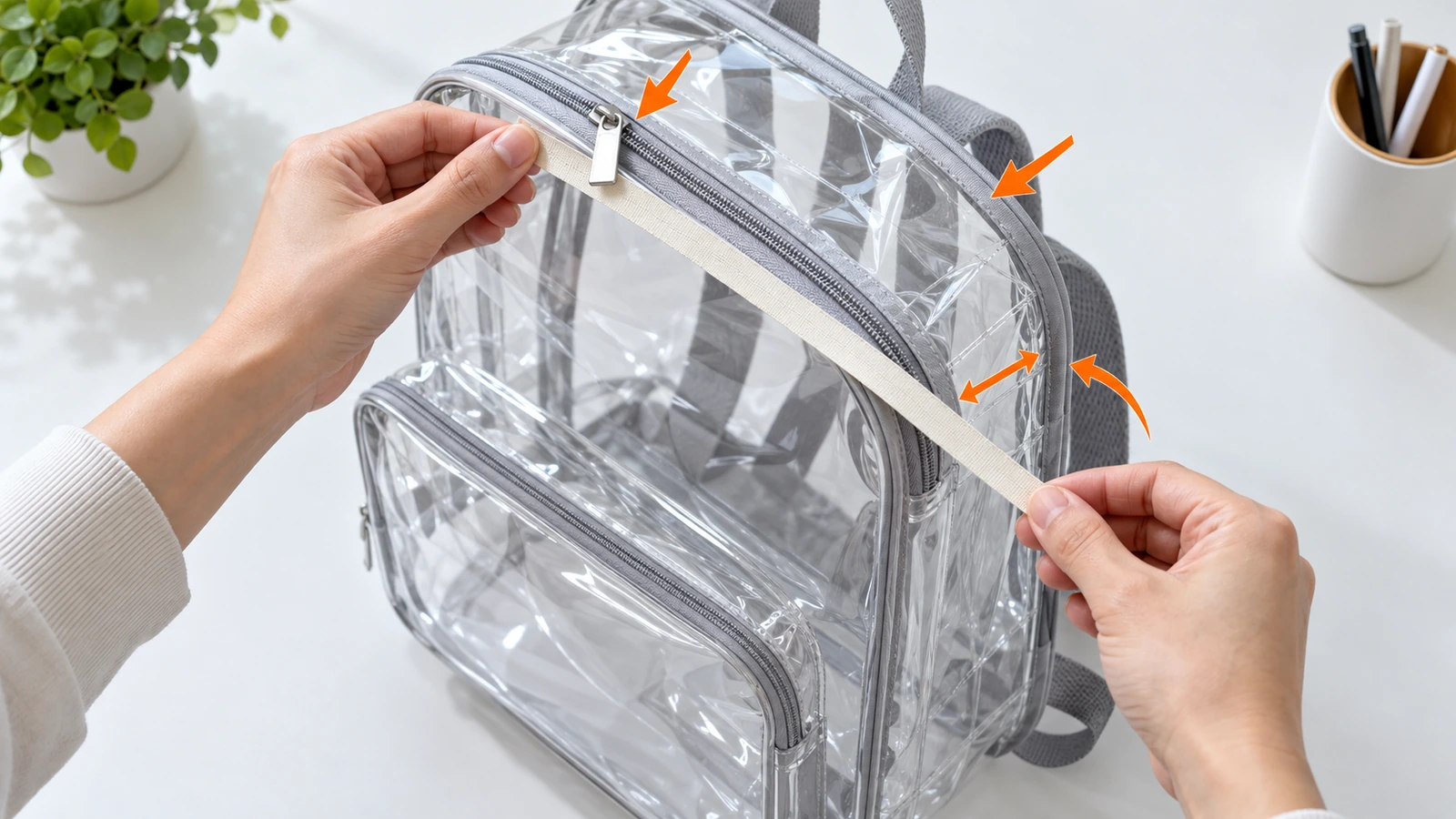 Hands measuring the outer height, width and gusset depth of a clear PVC backpack with a plain tape measure, with arrows showing that zipper pulls and binding count toward size
