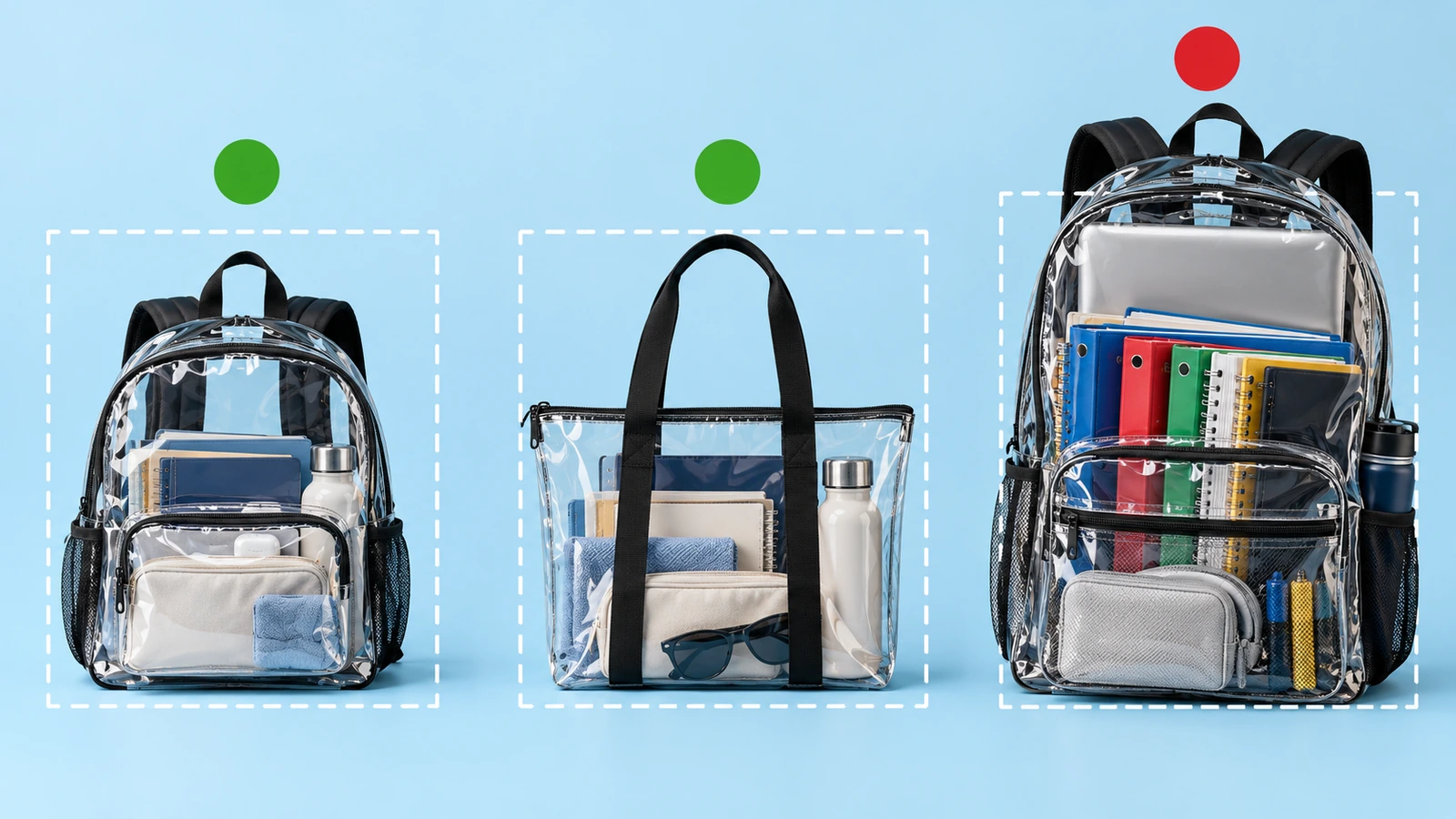 Three clear bag formats side by side, a compact clear backpack, a clear tote and a large school clear backpack, with green and red circular indicators showing which fit inside a dashed stadium size outline