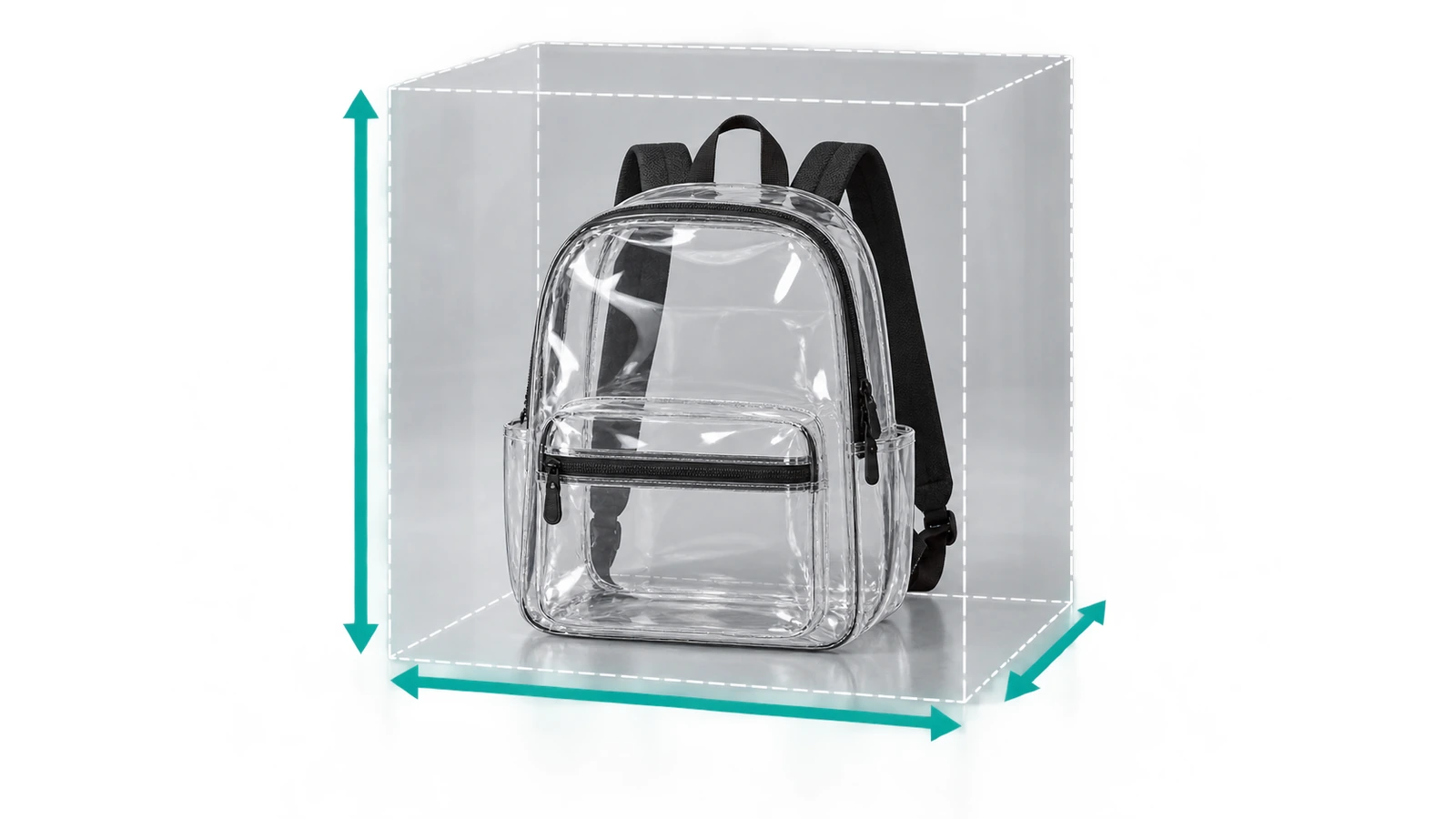 Clear PVC backpack placed inside a dashed transparent cuboid that represents the 12 by 6 by 12 inch stadium size limit, with arrows along height, width and depth