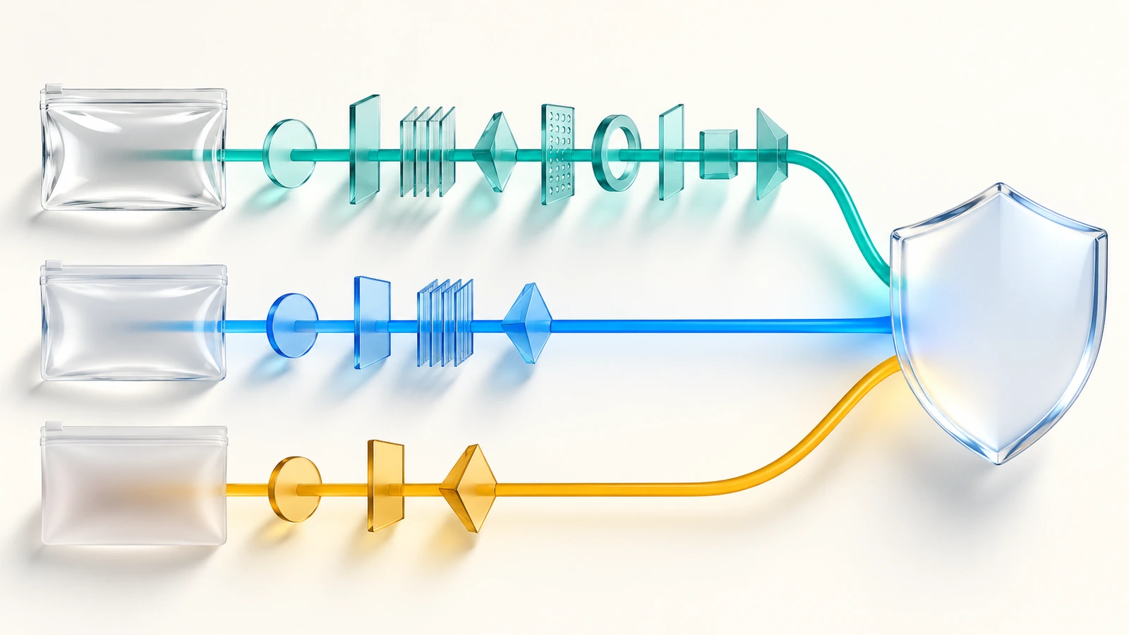 Abstract diagram of three clear film icons each branching through different checkpoint gates toward a shield shape, showing that each material faces a different compliance path
