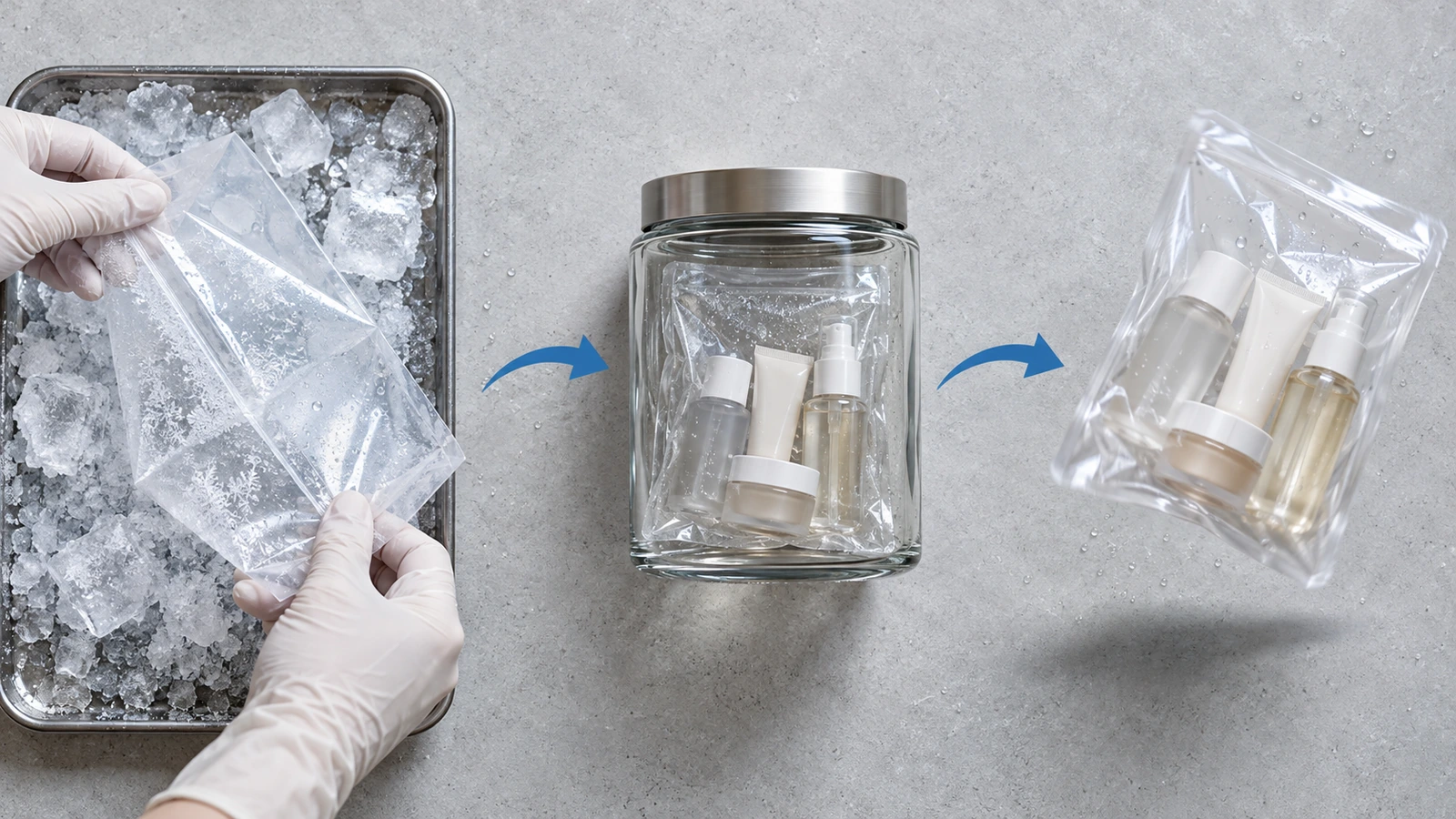 Flat-lay of clear pouch samples undergoing a cold fold check on frost-covered surface, a sealed jar odor check, and a filled drop test, linked by arrows