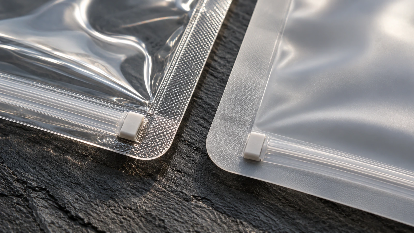 Close-up macro comparison of a smooth RF-welded clear seam and a heat-sealed frosted seam on two pouch edges