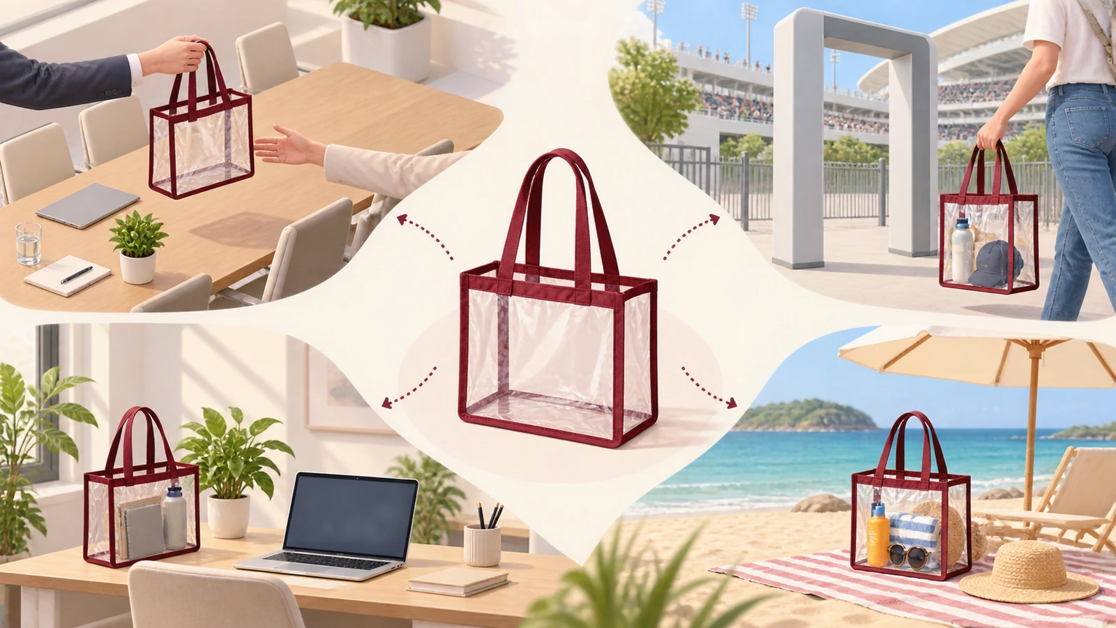 Illustration of one clear tote following arrows from a conference handoff to a stadium gate, an office desk and a beach, showing its reuse after the event