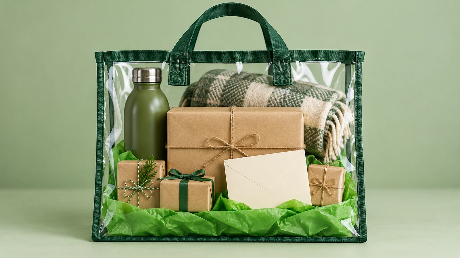 Front view of a clear gift tote showing tall items at the back, a hero item centered at the front, colored tissue at the base and a sealed card facing outward