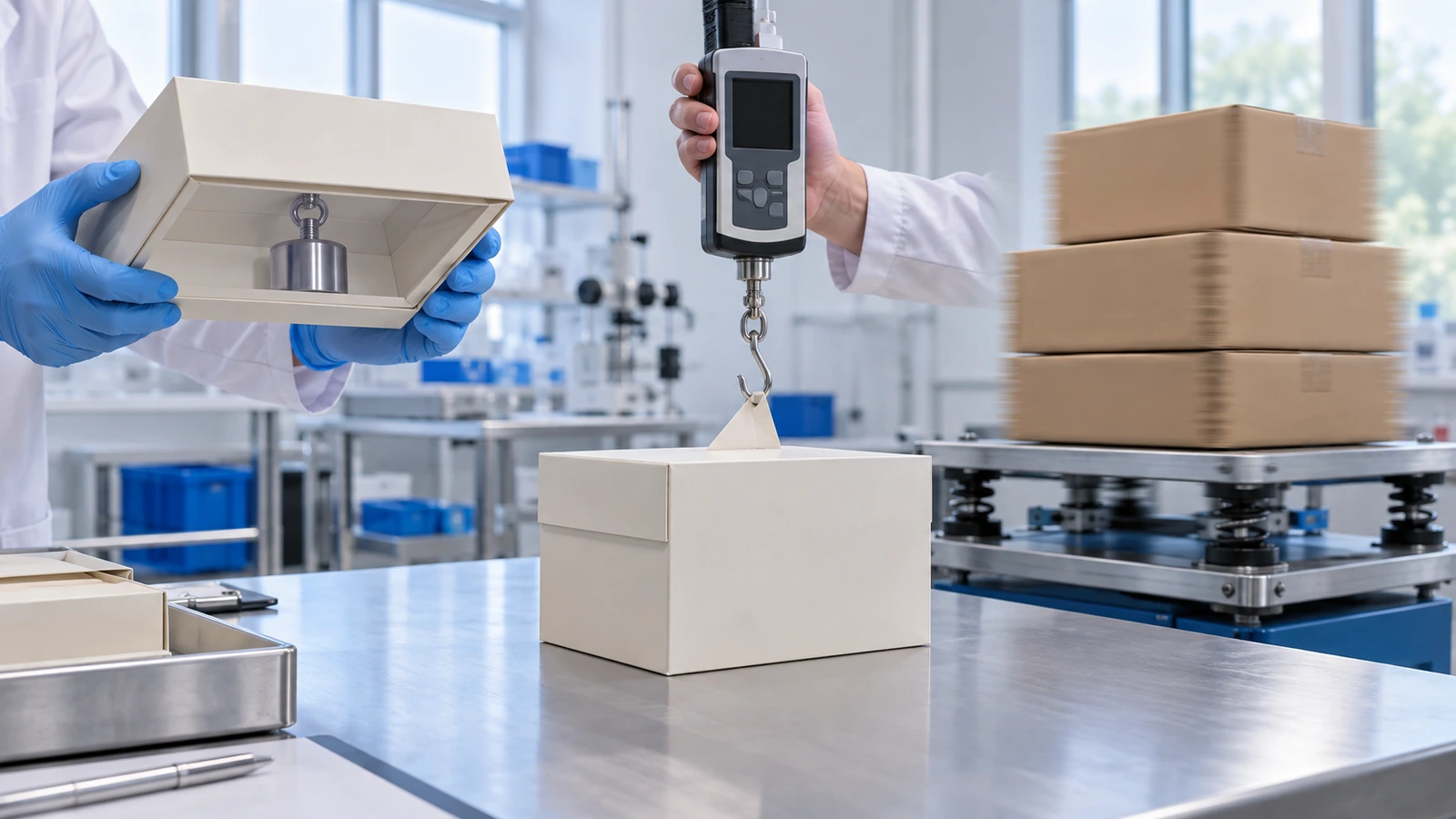 Laboratory scene showing a loaded magnetic box held upside down with its lid staying closed, next to a hand-held force gauge pulling a lid open and a stack of boxes on a vibration table