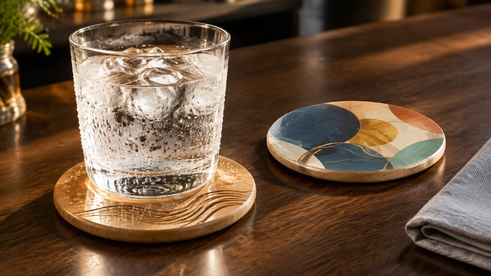 Sweating iced glass resting on a sealed round wood coaster with condensation beads on the surface, illustrating moisture and abrasion stress on printed versus engraved finishes
