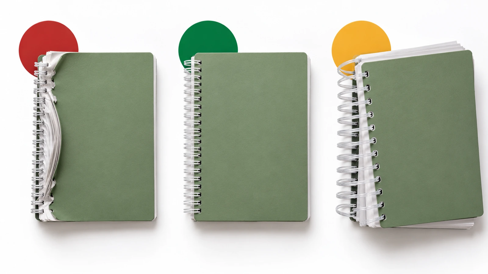 Three notebooks side by side showing an overstuffed coil, a correctly sized coil, and an oversized loose coil