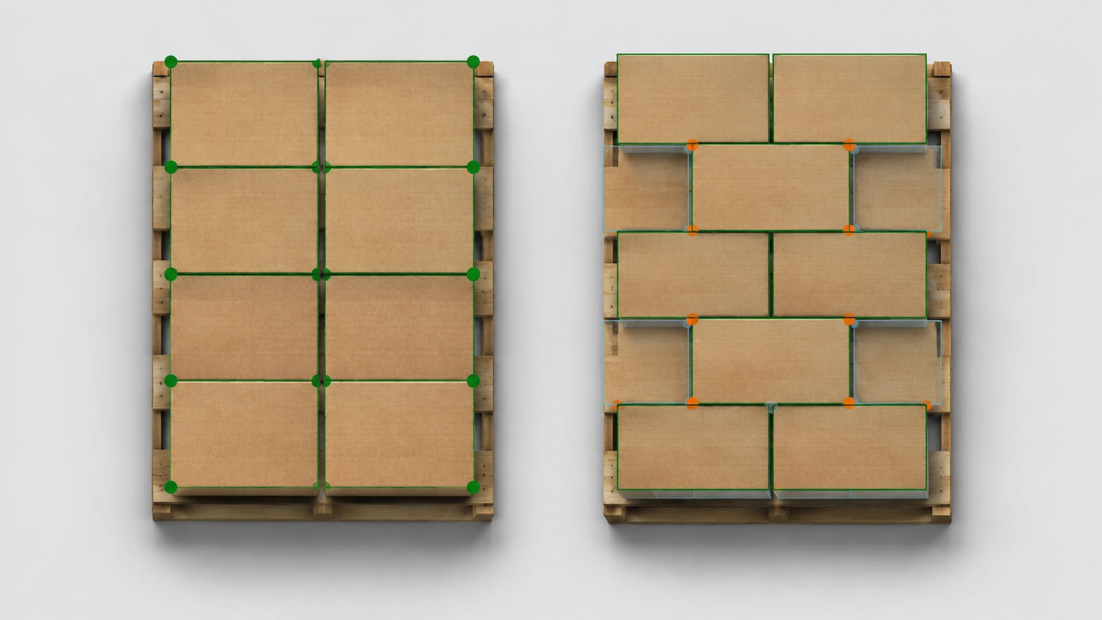 Top-down view comparing a column-stacked pallet with aligned box corners and an interlocked pallet with offset boxes, using color blocks to show where corners carry load