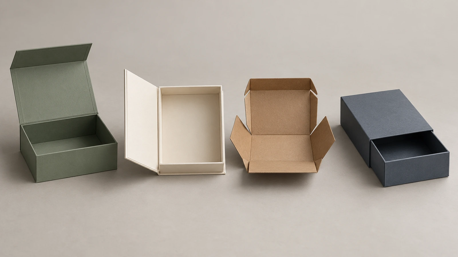 Four magnetic boxes in a row: a flip-lid rigid box open, a book-style box with its cover folded back, a collapsible box half-folded flat and a drawer box with the tray partly pulled out