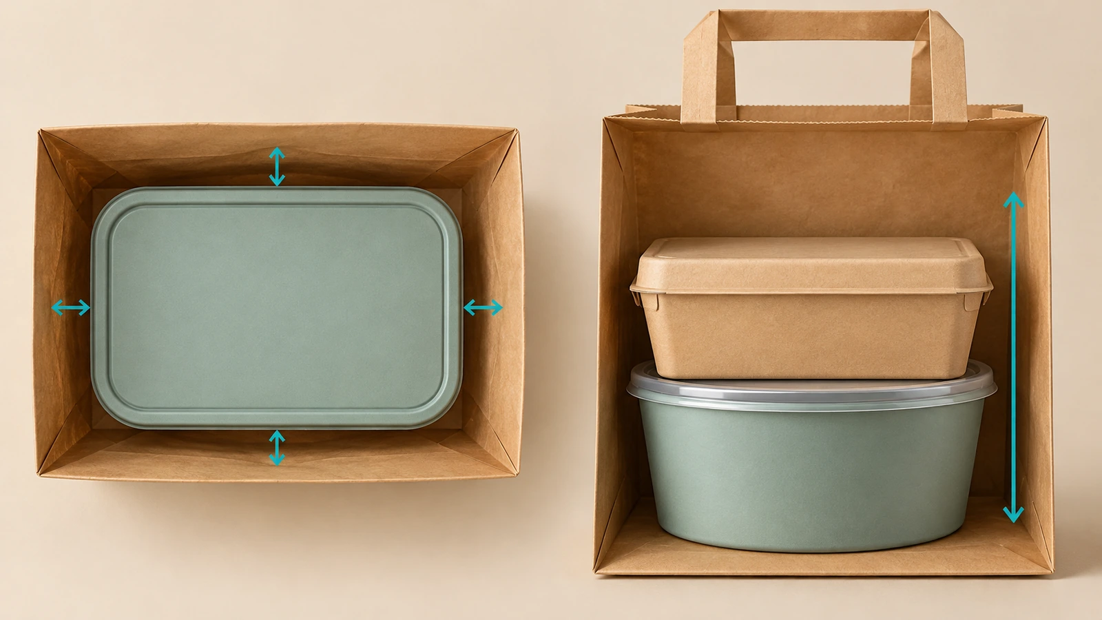 Top-down and side views of stacked takeout containers inside a flat-bottom kraft bag, with arrows showing the container footprint aligned to the bag base and the stack height below the bag opening