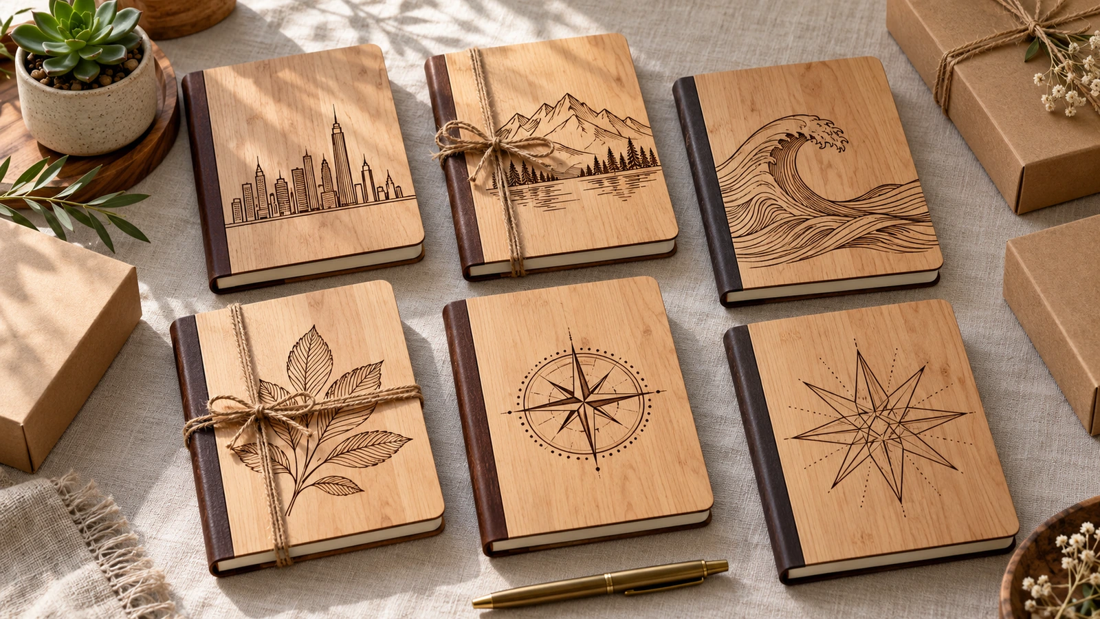 Flat lay of several wooden journals with different engraved motifs, tied with natural ribbon on a desk for a corporate gifting program