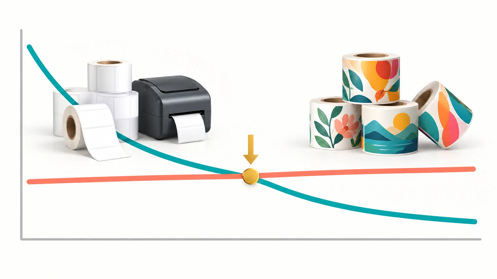 Abstract chart with two curves crossing: one falling steeply as volume per design rises, one staying flat, with an arrow marking the crossover point