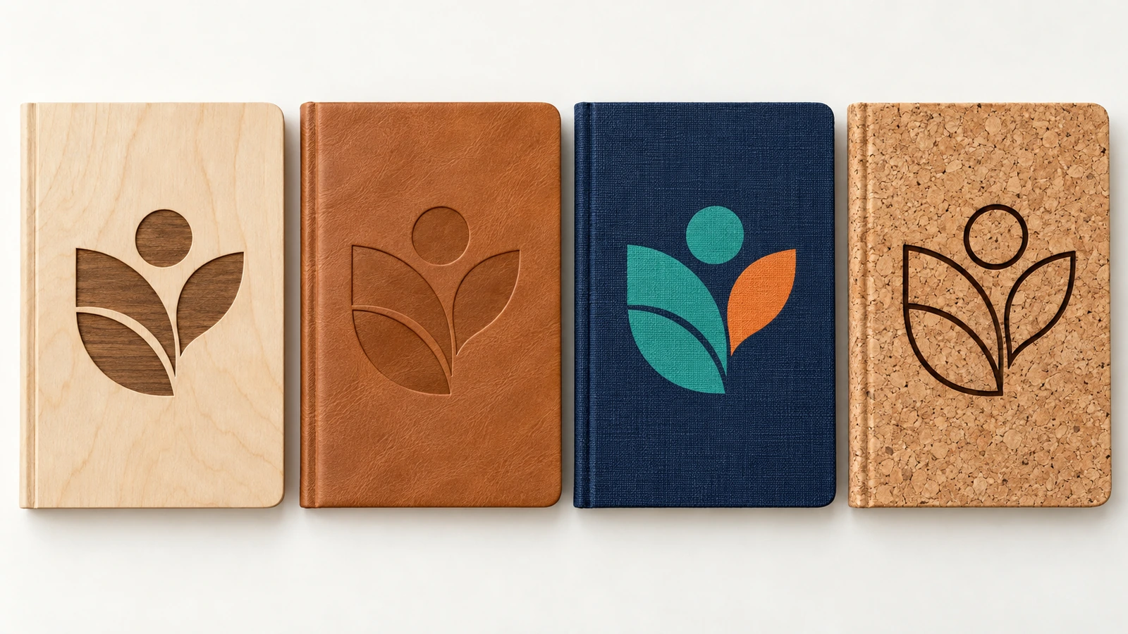 Four journals side by side with engraved plywood, debossed leather-style, full-color printed fabric and cork covers each showing the same simple emblem