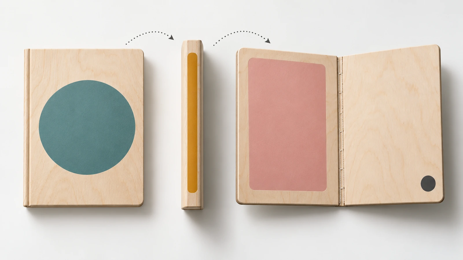 An open journal laid flat with colored markers and arrows showing placement zones on the front, spine, back and inside cover
