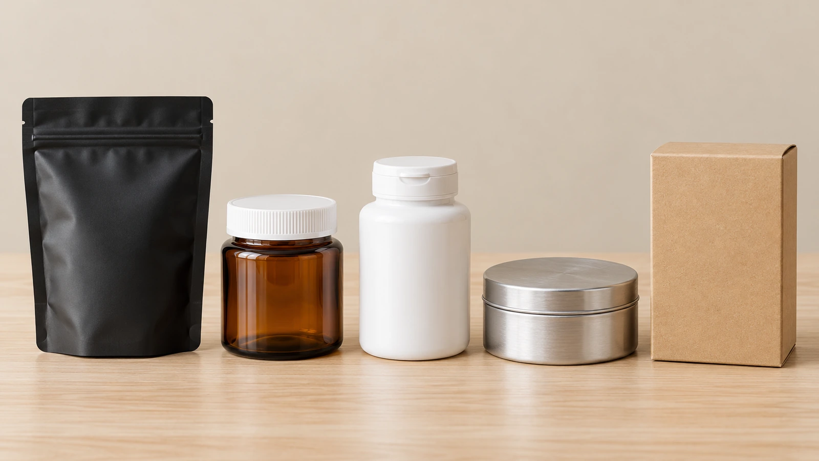 Side-by-side lineup of a flexible pouch, glass jar, plastic bottle, metal tin and carton representing child-resistant format options