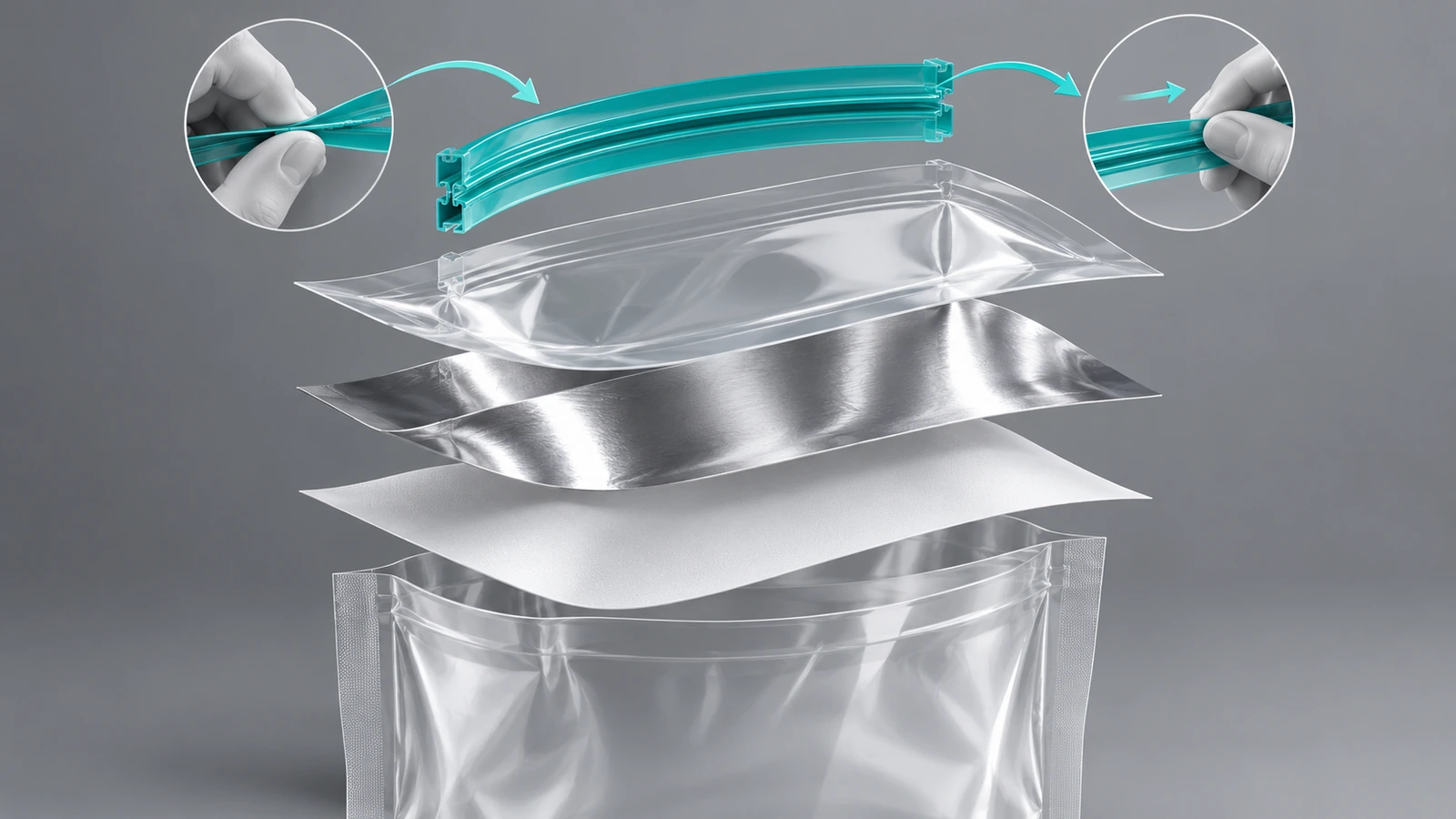 Exploded view of a child-resistant reclosable pouch showing barrier film layers separated from the double-action zipper closure