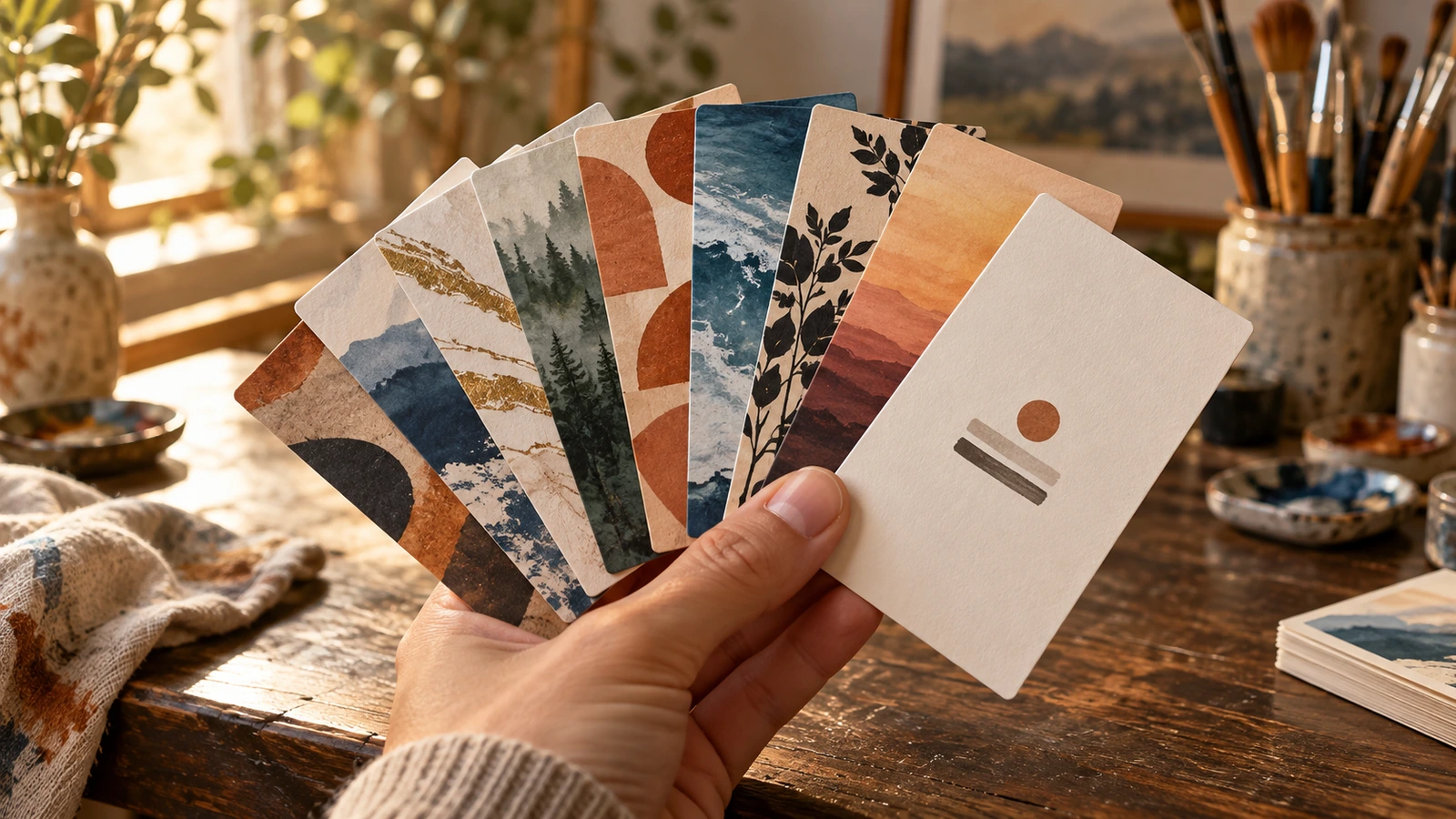 Fan of creative business cards with a shared minimal front and different full-bleed artwork on each back