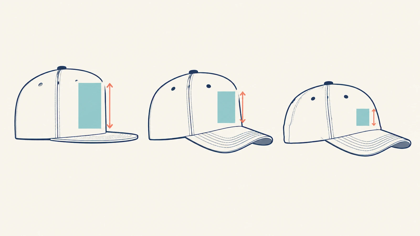 Diagram comparing high, mid, and low cap crown profiles, with shaded blocks showing how much vertical embroidery space each front panel allows