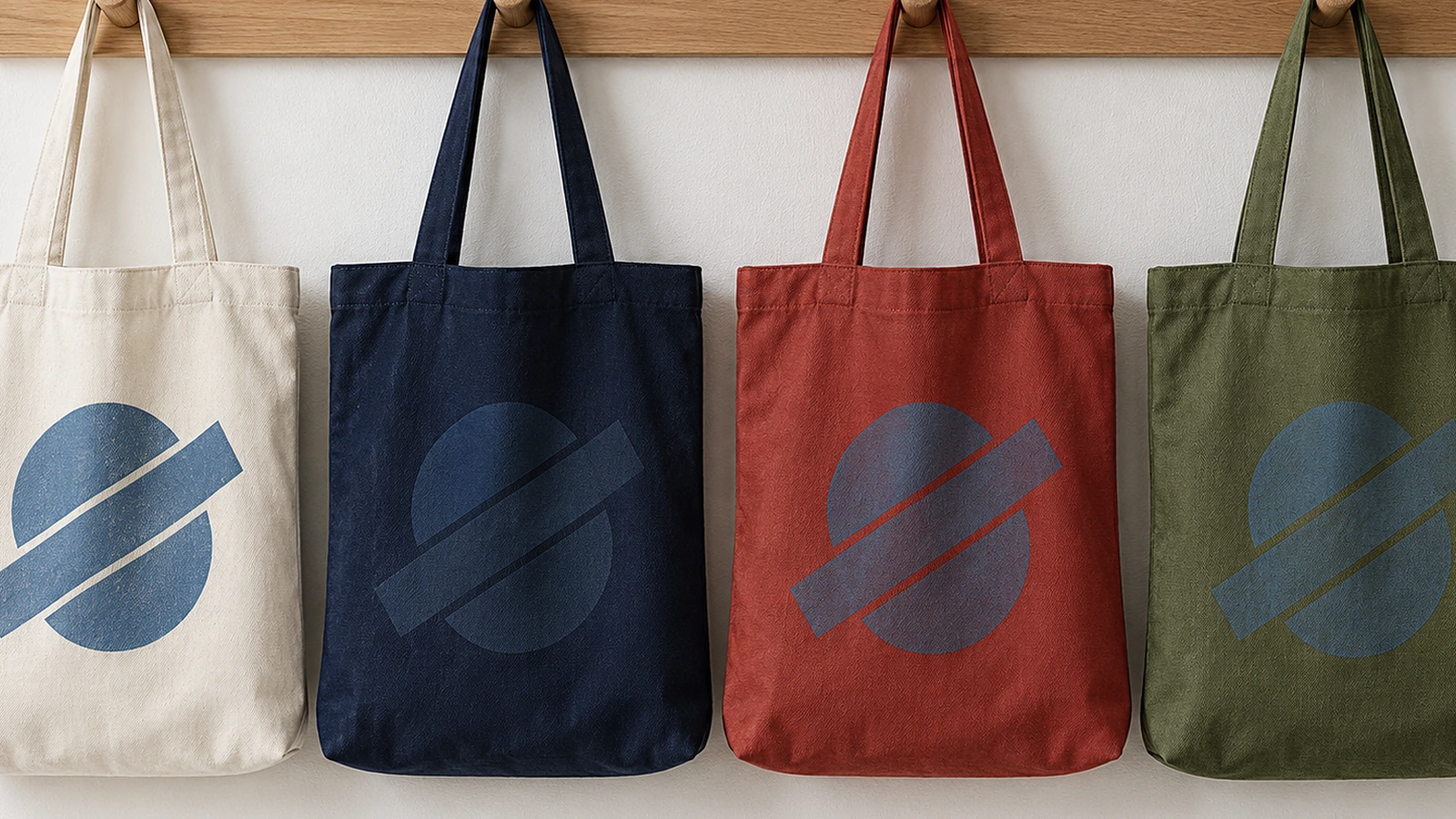Four canvas totes in natural, navy, red, and olive, each printed with the same simple geometric mark to show how contrast changes with bag color