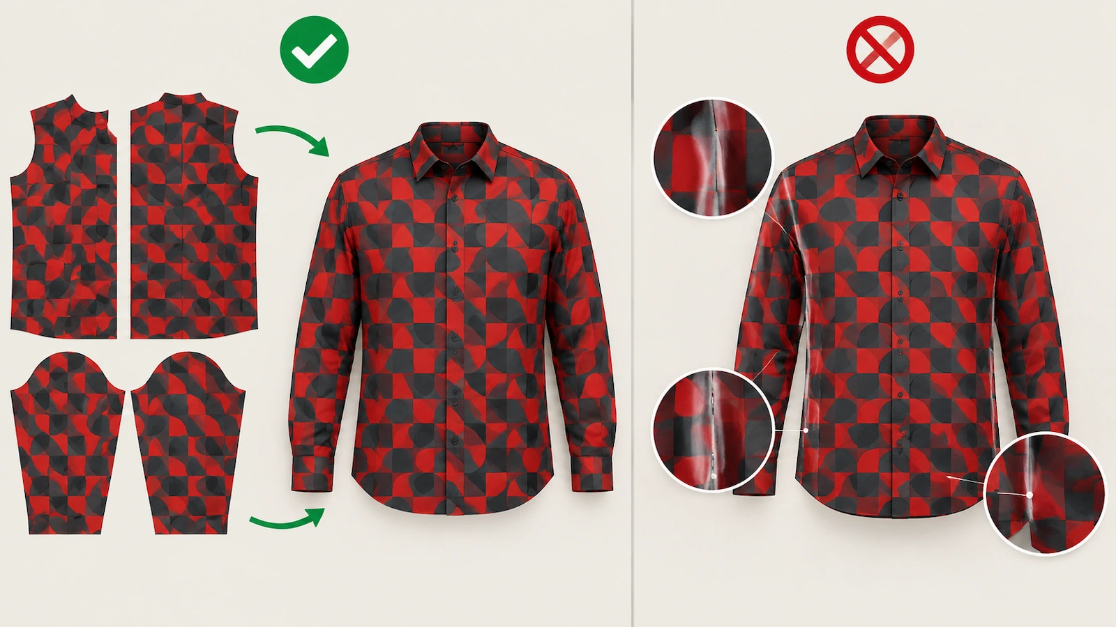 Comparison of cut-and-sew sublimation panels with continuous color versus a pressed finished garment showing pale streaks at seams and underarm folds