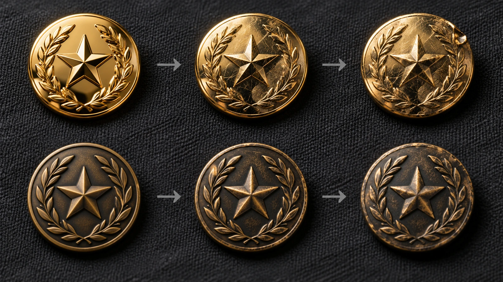 Three versions of the same pin, new, moderately worn and heavily worn, showing antique plating aging gracefully compared with visible scratching on polished plating
