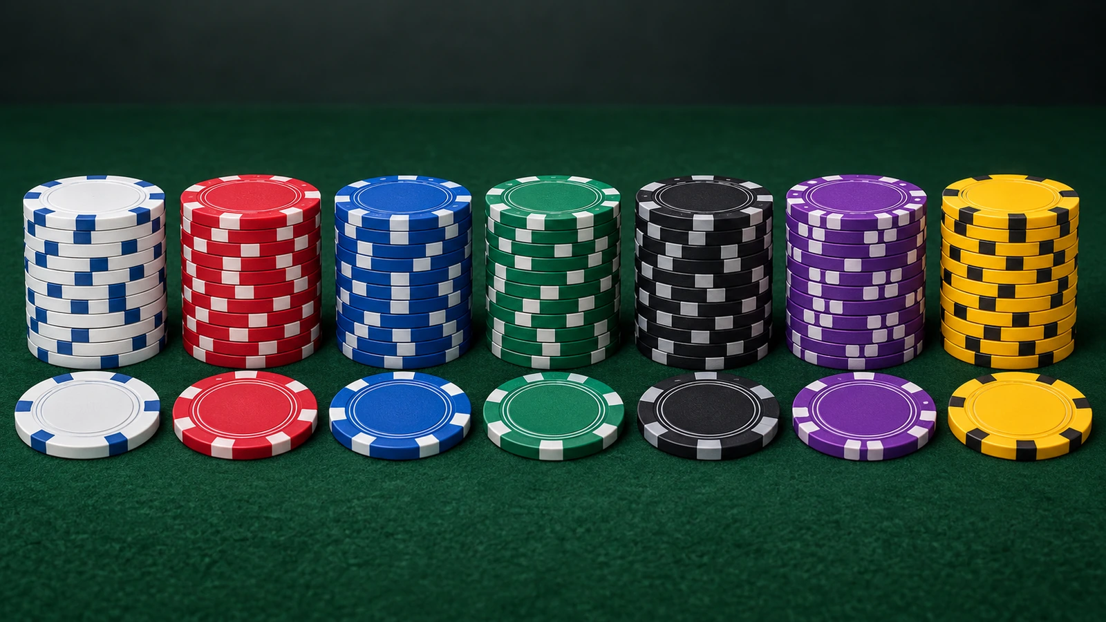 Seven poker chip stacks lined up from lightest to darkest denomination in conventional colors: white, red, blue, green, black, purple and yellow