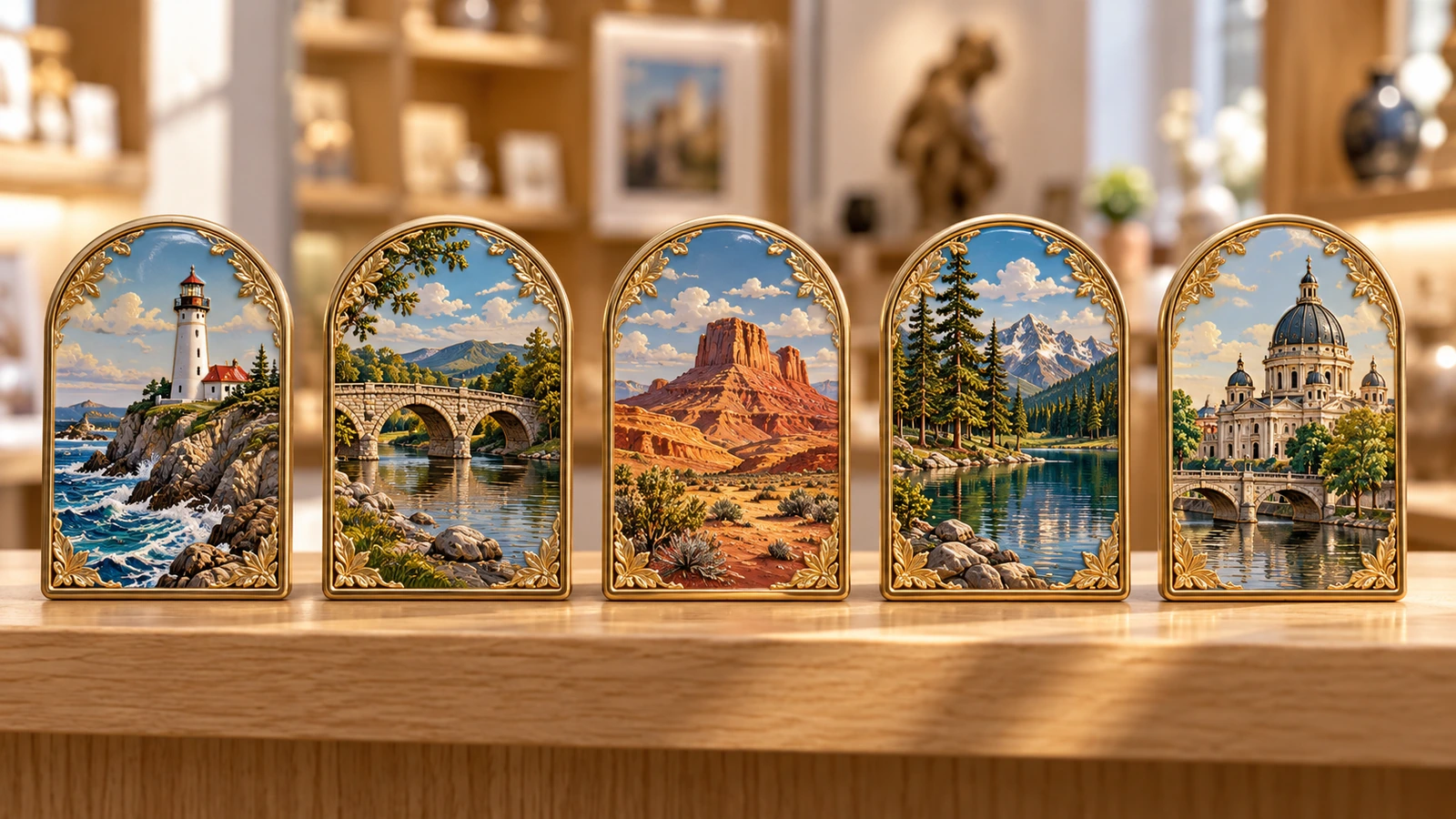 Row of tin fridge magnets sharing one embossed frame, each showing a different landmark scene for a destination souvenir series