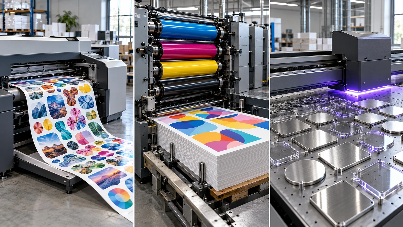 Three fridge magnet printing methods side by side: digital press on flexible sheet, offset press with plates, and UV flatbed printing on rigid metal faces