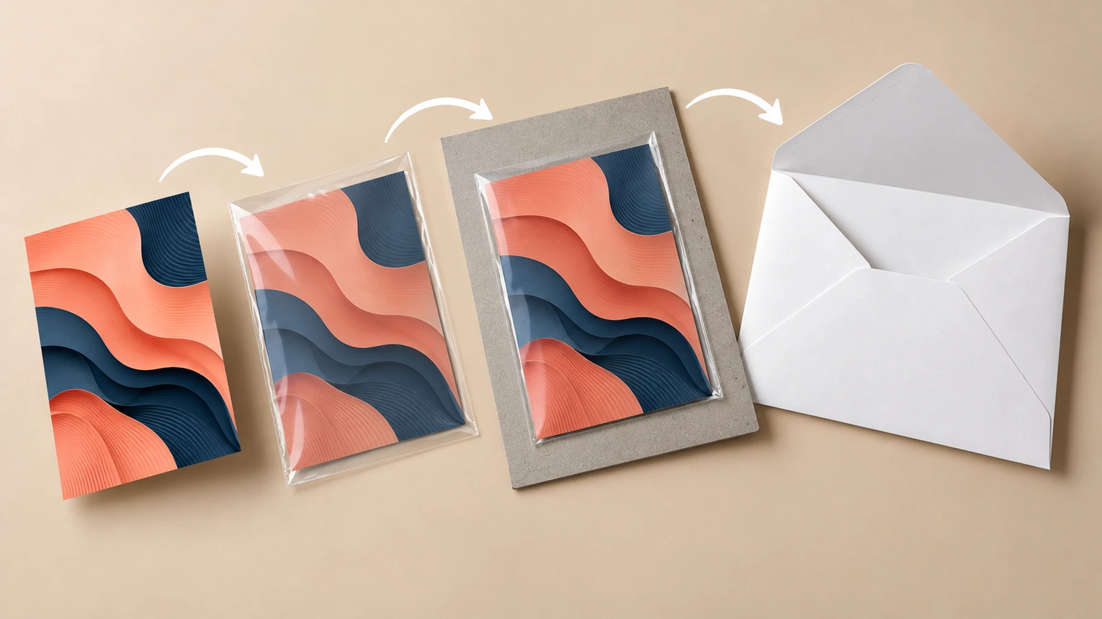 Envelope opened to show a lenticular card protected by a clear sleeve and a stiff backing board, with arrows indicating insertion