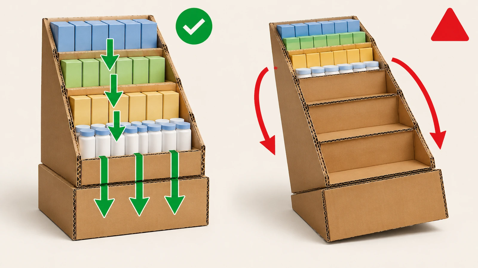 Two tiered cardboard displays compared: a stable unit with weight resting low on the base, and a unit tipping forward after its front rows have been emptied