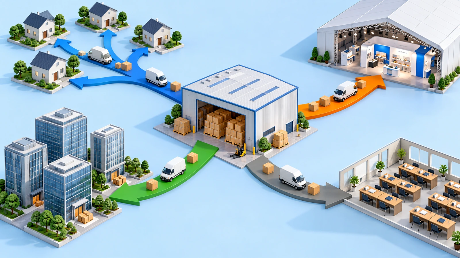 Abstract route diagram with arrows running from one warehouse block to home icons, an exhibition hall, office towers and a training room