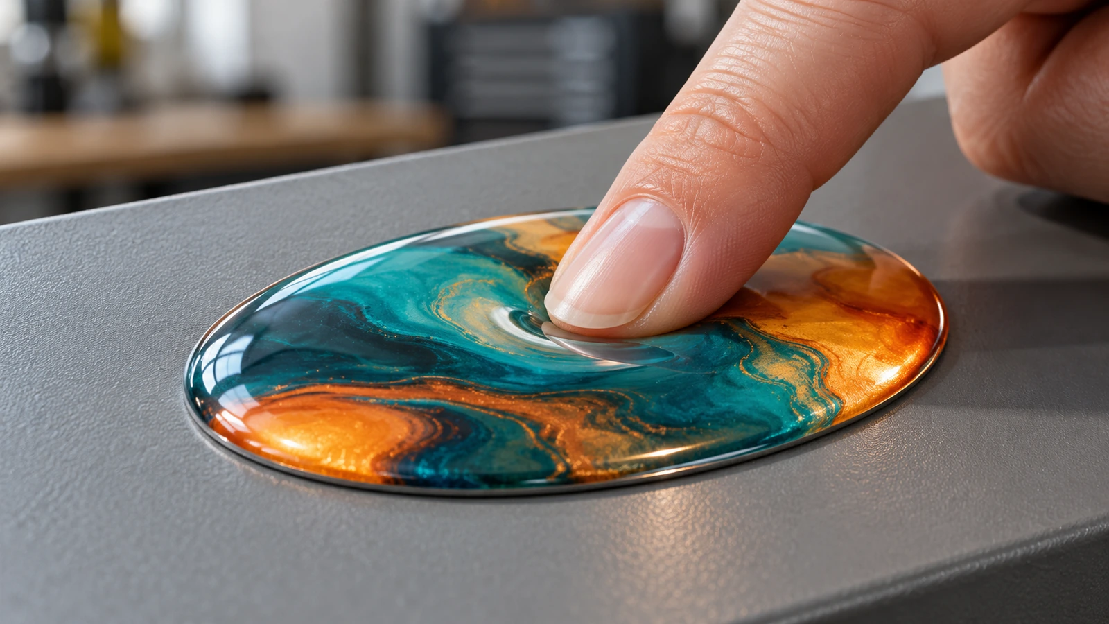 Close-up of a fingertip pressing the center of a clear domed sticker during a proof check, with soft studio lighting