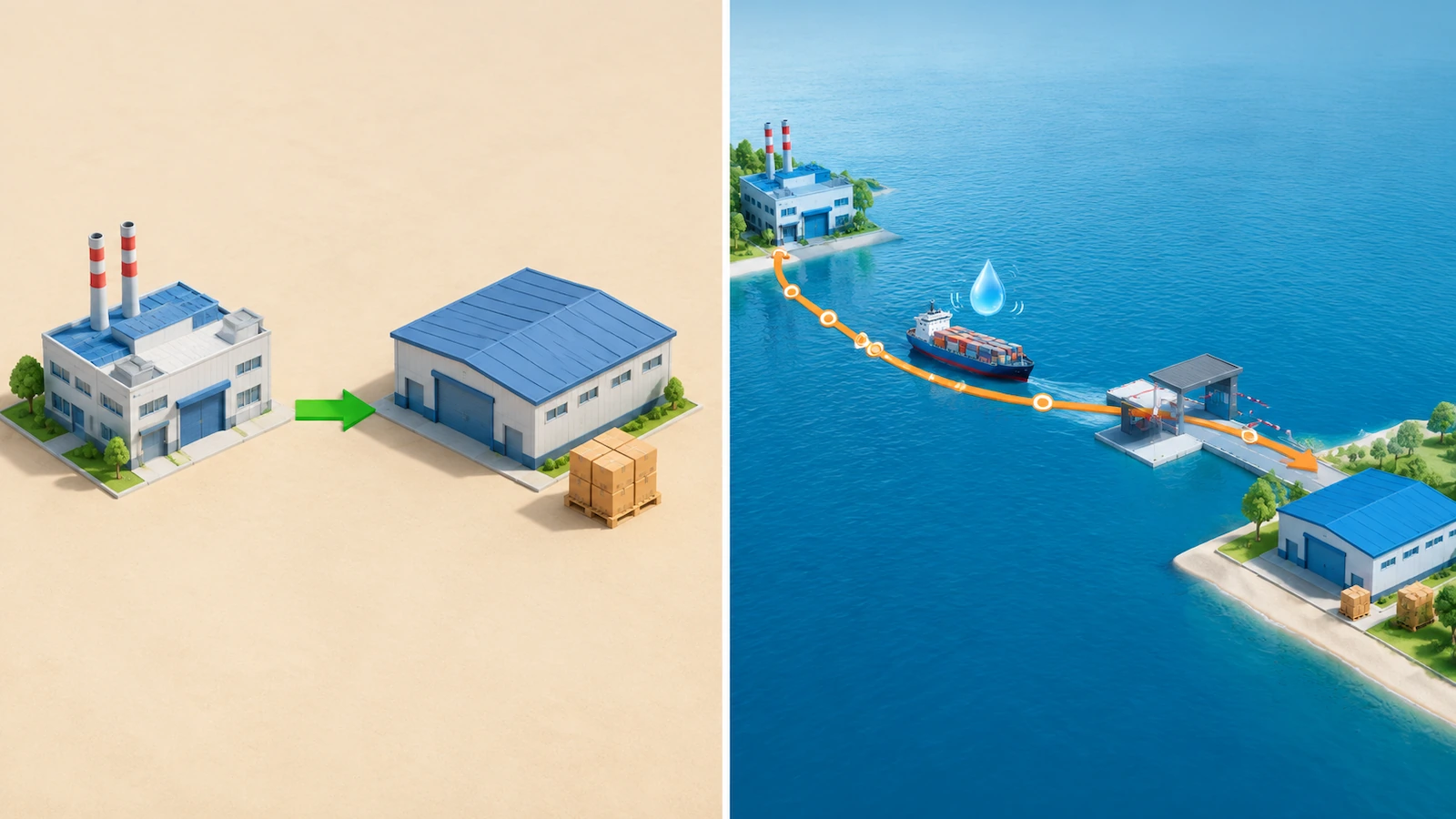 Split composition comparing a short straight arrow from a nearby factory to a warehouse with a long curved arrow crossing a blue ocean band with a container ship
