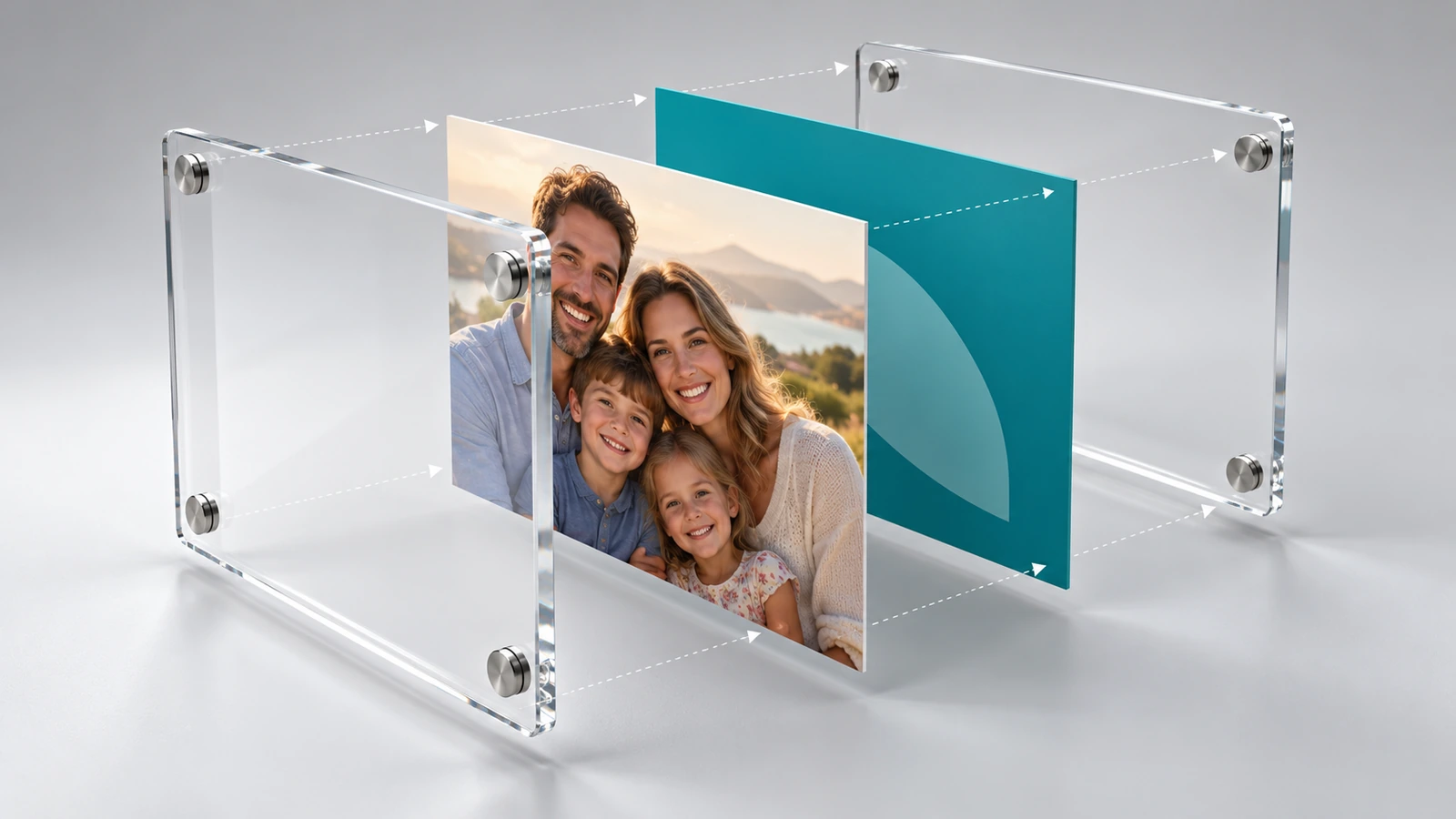 Exploded illustration of a double-sided acrylic magnet frame showing the front photo, a solid-color brand card behind it and corner magnets aligning the two clear panels
