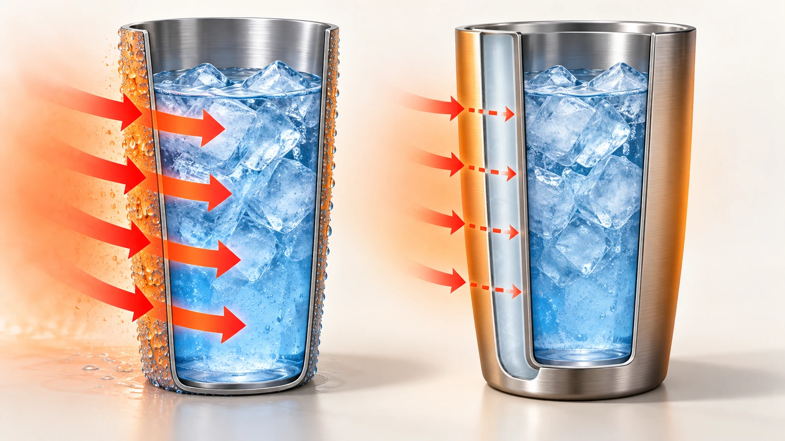 Side-by-side cutaway of a single-wall plastic cup covered in water droplets and a double-wall plastic tumbler with a dry outer shell, with arrows showing heat flow slowed by the air gap