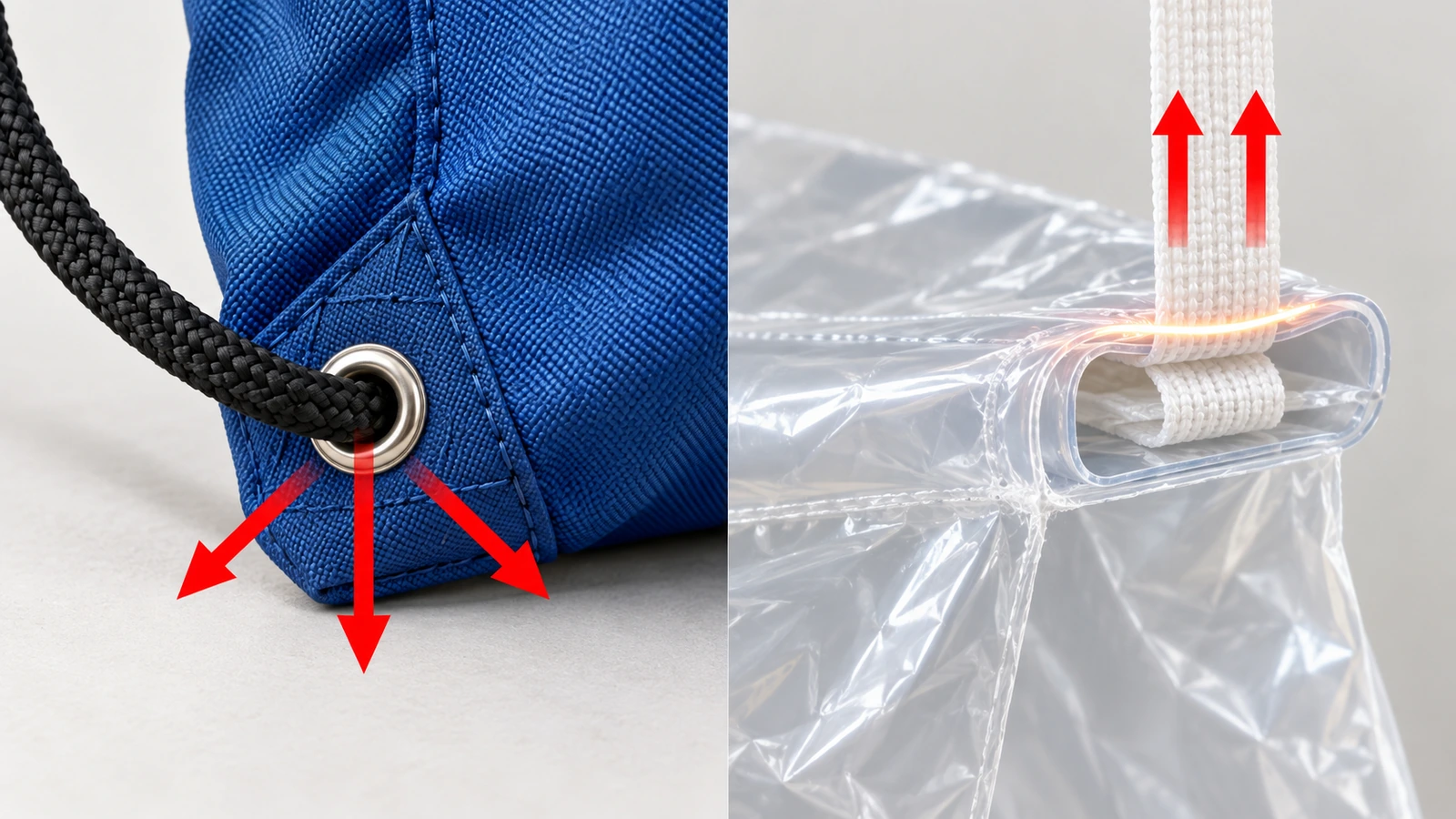 Cross-section illustration comparing a sewn backpack corner with a grommet and a heat-sealed film hem channel with a draw tape, with arrows showing where load concentrates