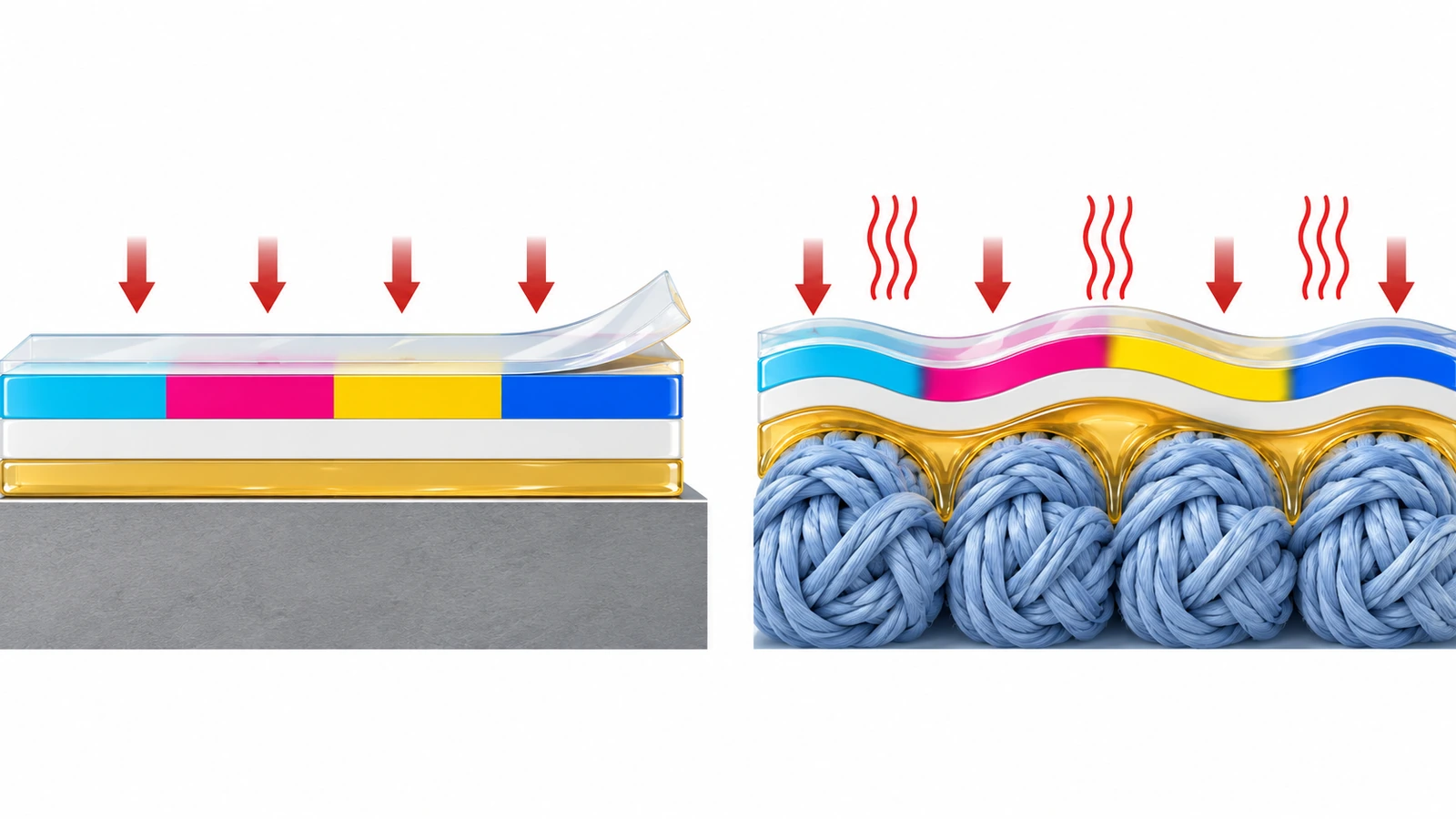 Cross-section diagram comparing a rigid UV DTF layer stack resting on a hard surface with a textile DTF adhesive melting into woven fibers
