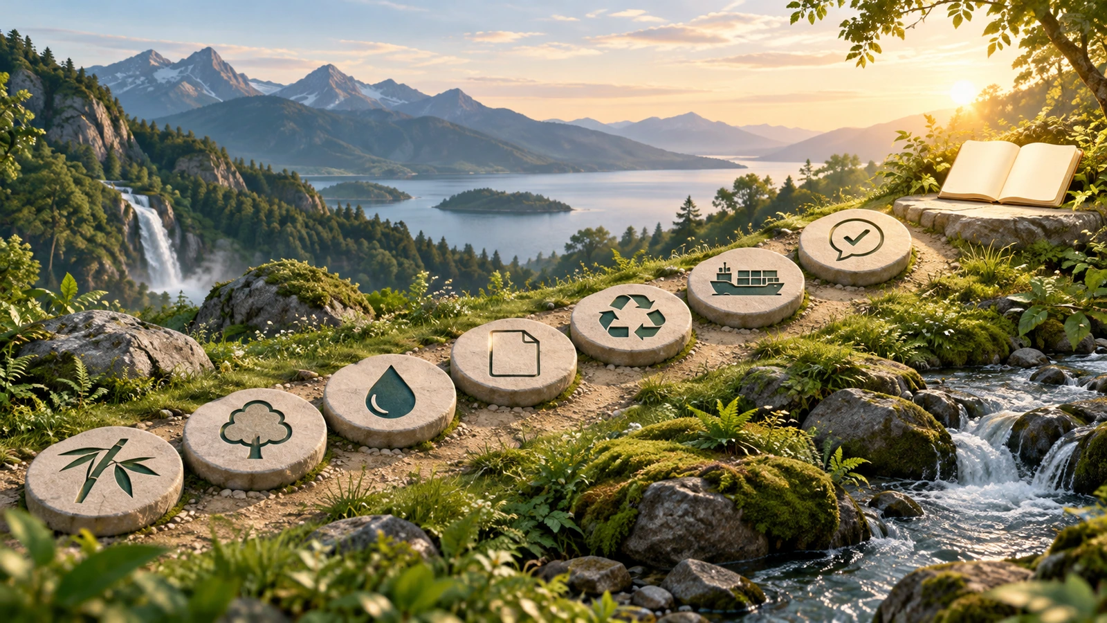 Seven-step path for verifying a bamboo notebook eco claim, moving from material identification to certification, chemical disclosure, paper documentation, end-of-life, transport and final claim wording