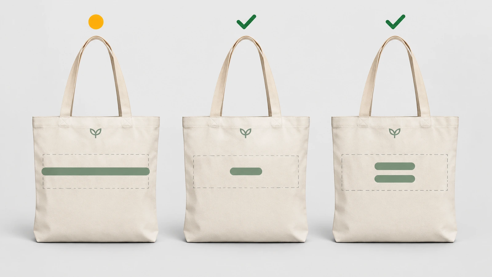 Three tote bag mockups side by side showing a very long name band, a very short band, and a two-line band to illustrate edge-case proofing