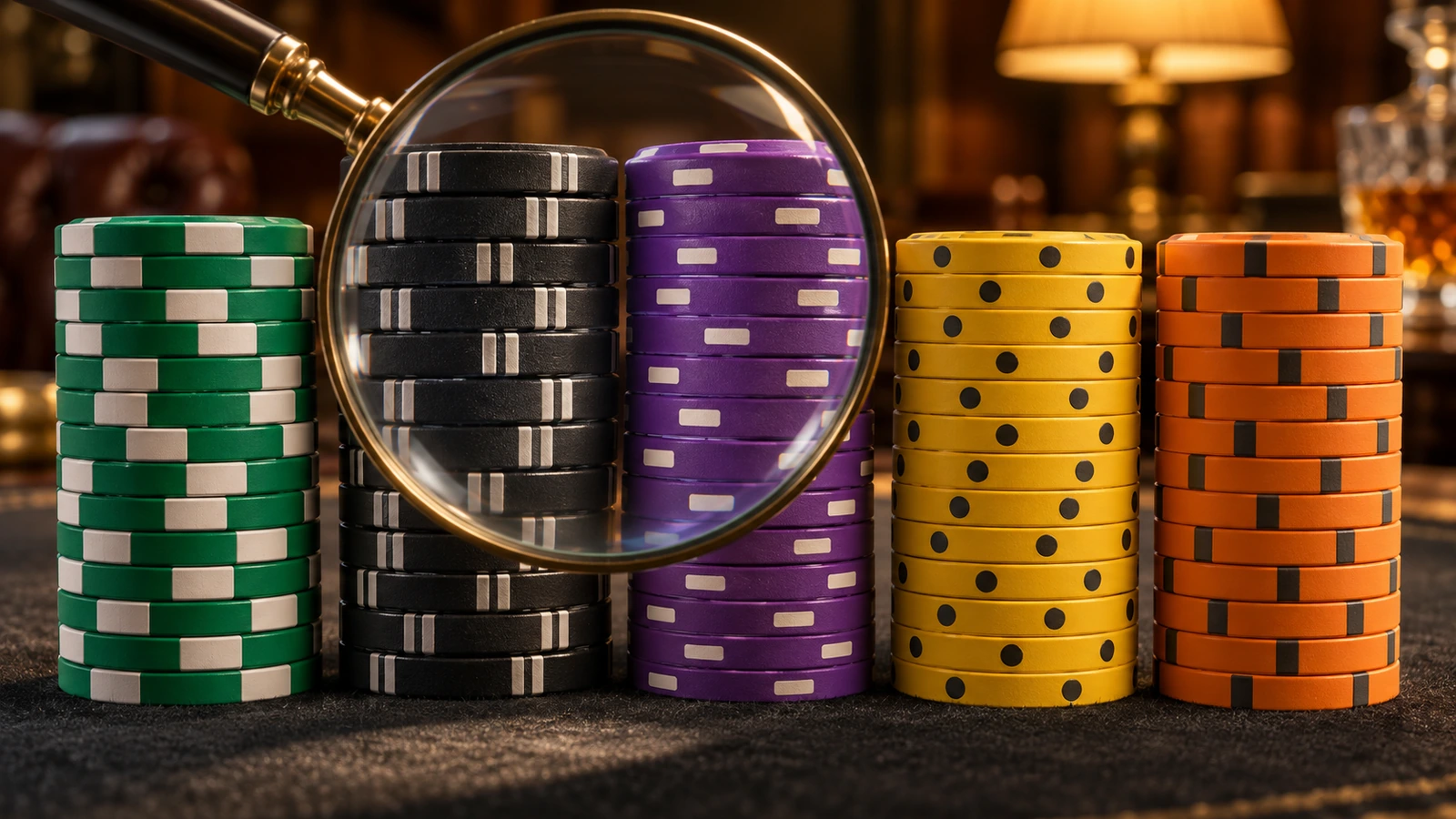 Side view of five chip stacks, each with a different edge-spot pattern of blocks, thin stripes and dashes, with a magnifying lens over the stack edges