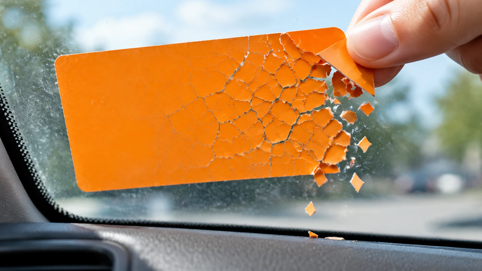 Close-up of a destructible parking permit on the inside of a windshield breaking into small flakes as a fingertip lifts one corner