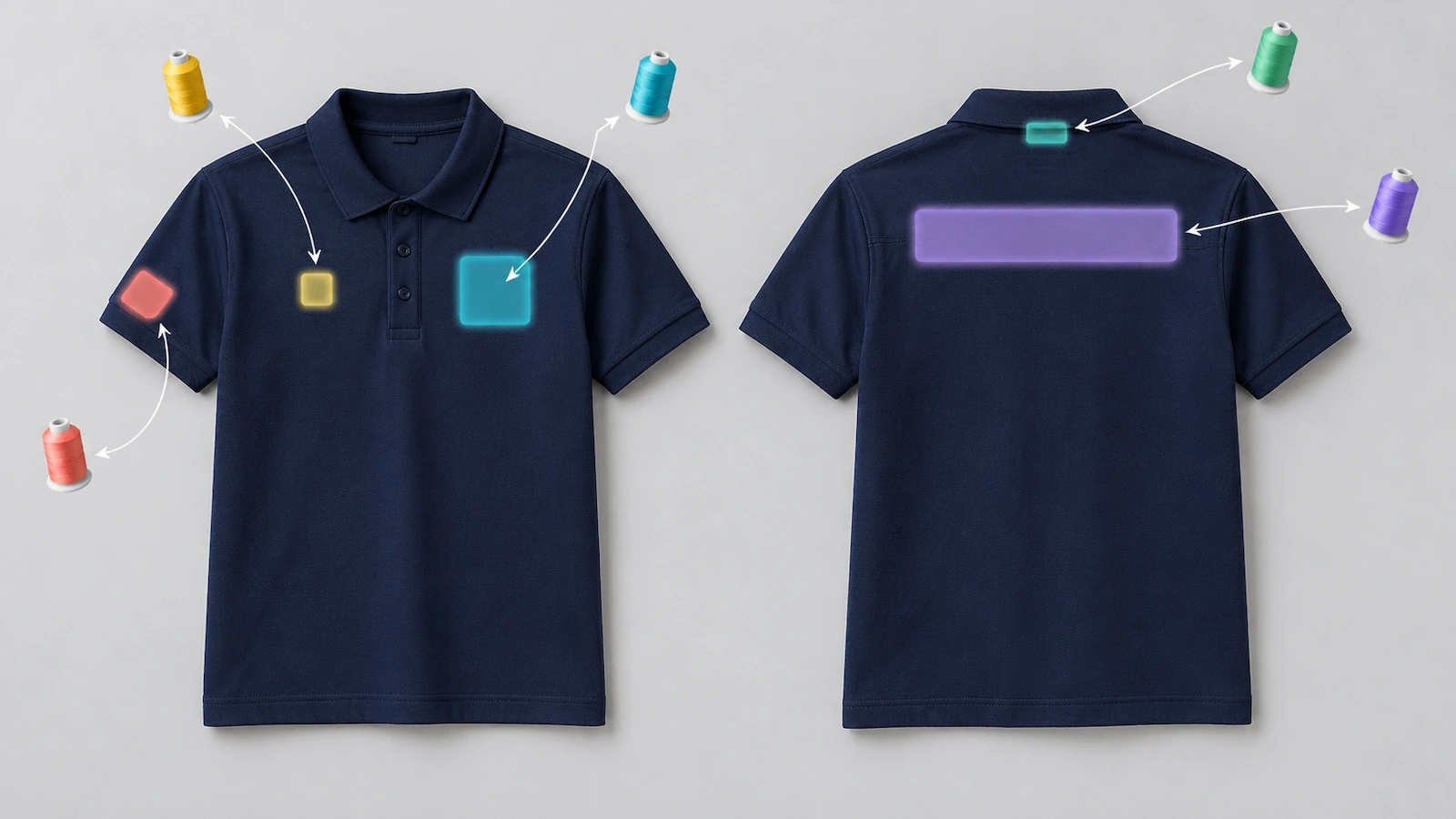 Navy cotton piqué polo shown front and back with highlighted embroidery zones on the left chest, right chest, sleeve, back yoke and back neck