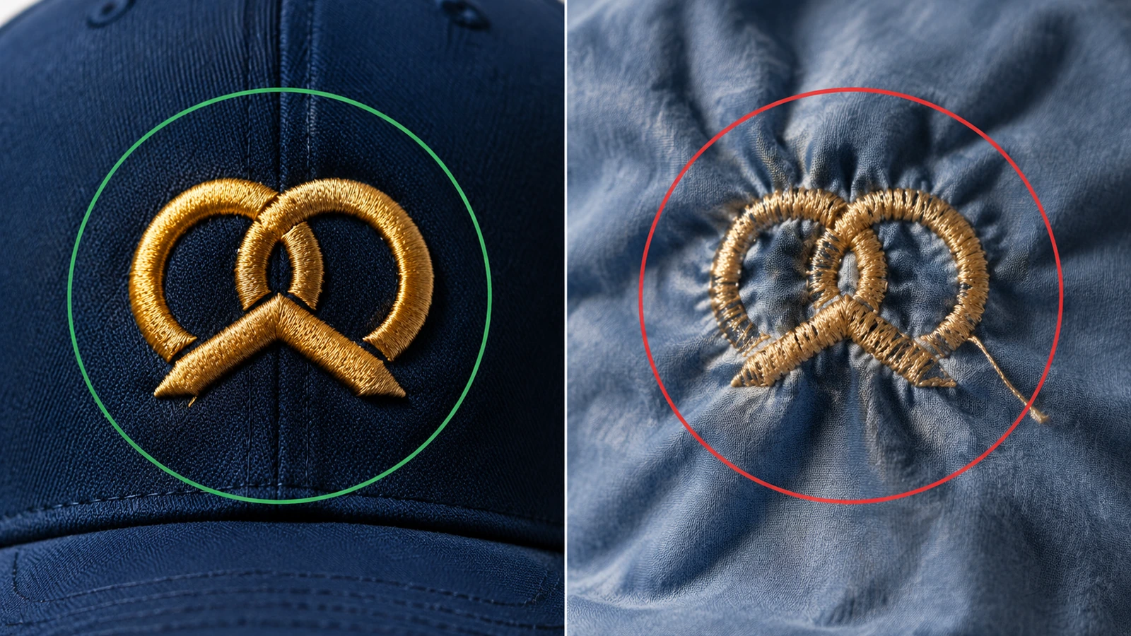 Macro comparison of clean, dense satin-stitch embroidery on a structured trucker hat front next to puckered embroidery on a soft panel