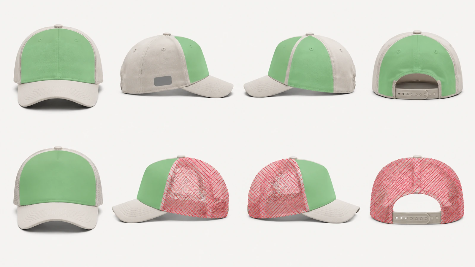 Two caps shown from front, side, and back, with green zones marking open embroidery areas, a grey zone marking a reserved side panel, and red hatching marking mesh areas to avoid