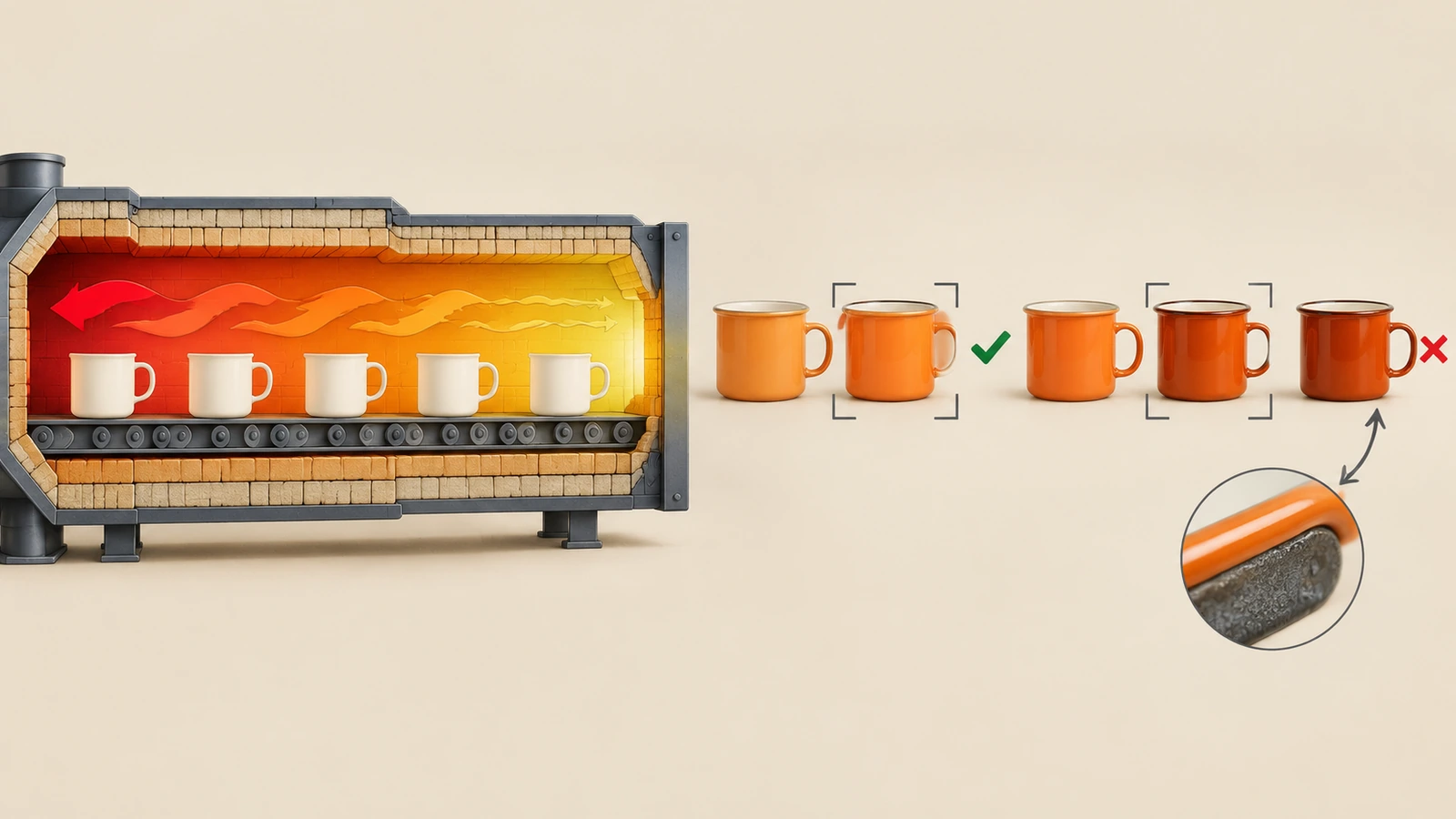 Illustration of an enamel kiln with arrows showing heat variation and a row of orange mugs shifting gradually from lighter to darker shades