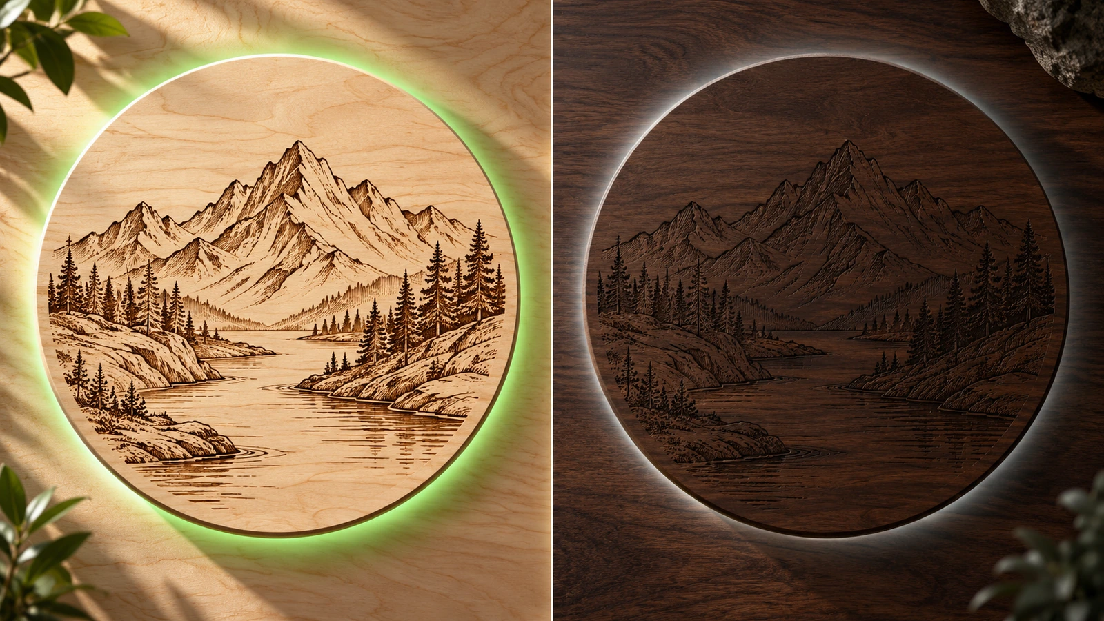 The same line-art motif engraved on a pale wood panel with crisp contrast and on a dark wood panel with faint contrast