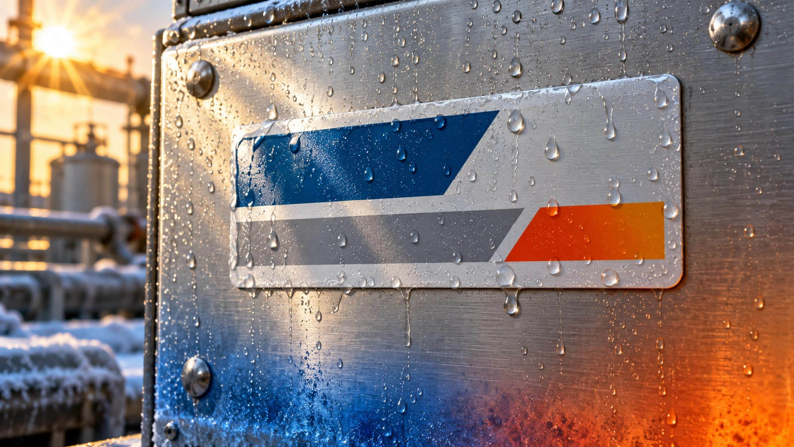 Industrial equipment panel with a durable rectangular asset sticker under a protective clear layer, surrounded by abstract water droplets, sun rays and a temperature gradient indicating environmental exposure