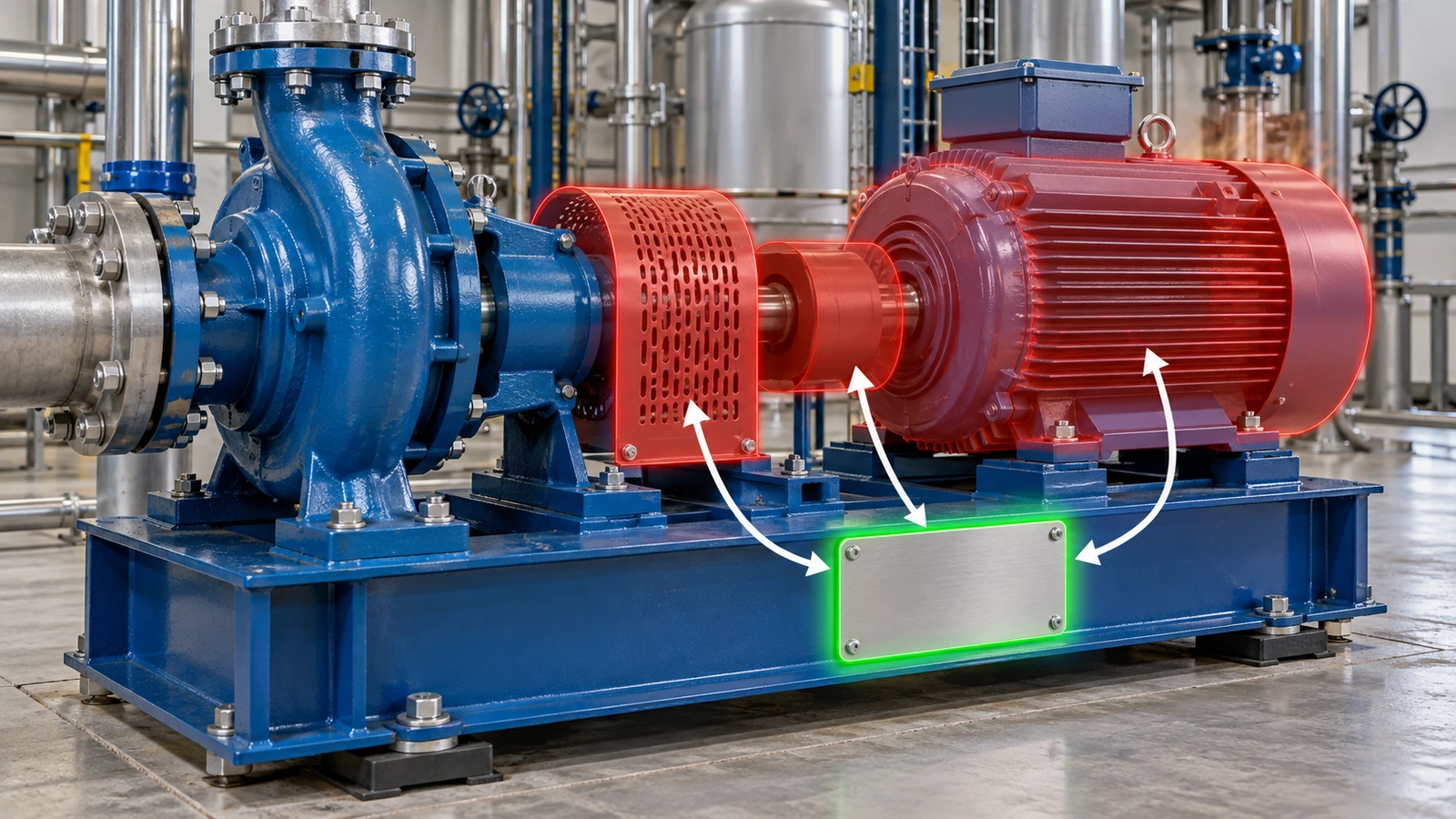 Pump and motor skid showing a correct tag position on the fixed frame, with removable guard, hot motor housing and coupling marked as zones to avoid